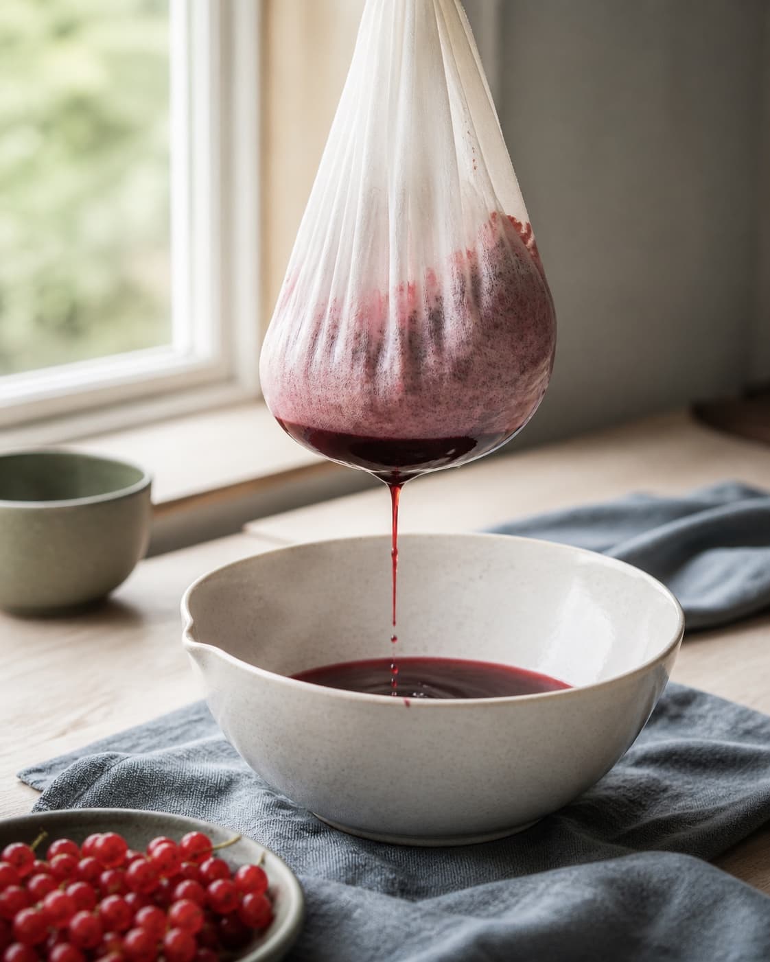 klar rubinrød ribssaft drypper roligt fra en ren saftpose til en skål uden pres eller synlige frø; kontroltegnet er saften løber klar rubinrød uden frø, skind eller grums