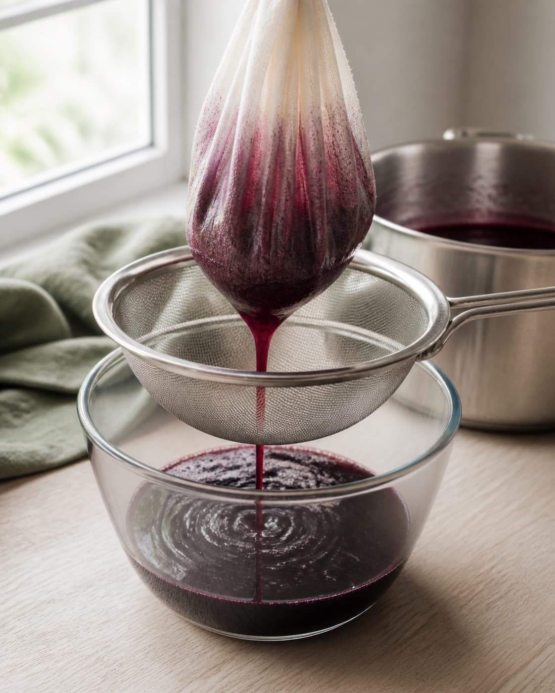 dybviolet kogt solbærsaft løber gennem ren saftpose og fin sigte uden kerner eller plantedele; kontroltegnet er saften er dybviolet, glat og fri for kerner, skind og stilke