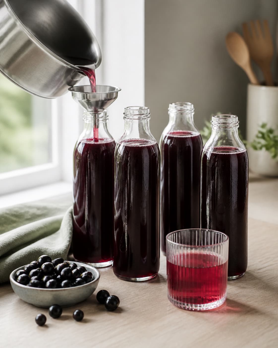 varm mørk solbærsaft fyldes i rene udekorerede flasker ved siden af et lille glas korrekt fortyndet rubinrød saft; kontroltegnet er flaskerne er rene, ens fyldt og hurtigt kølet, mens en prøve fortyndes klart mørkerød