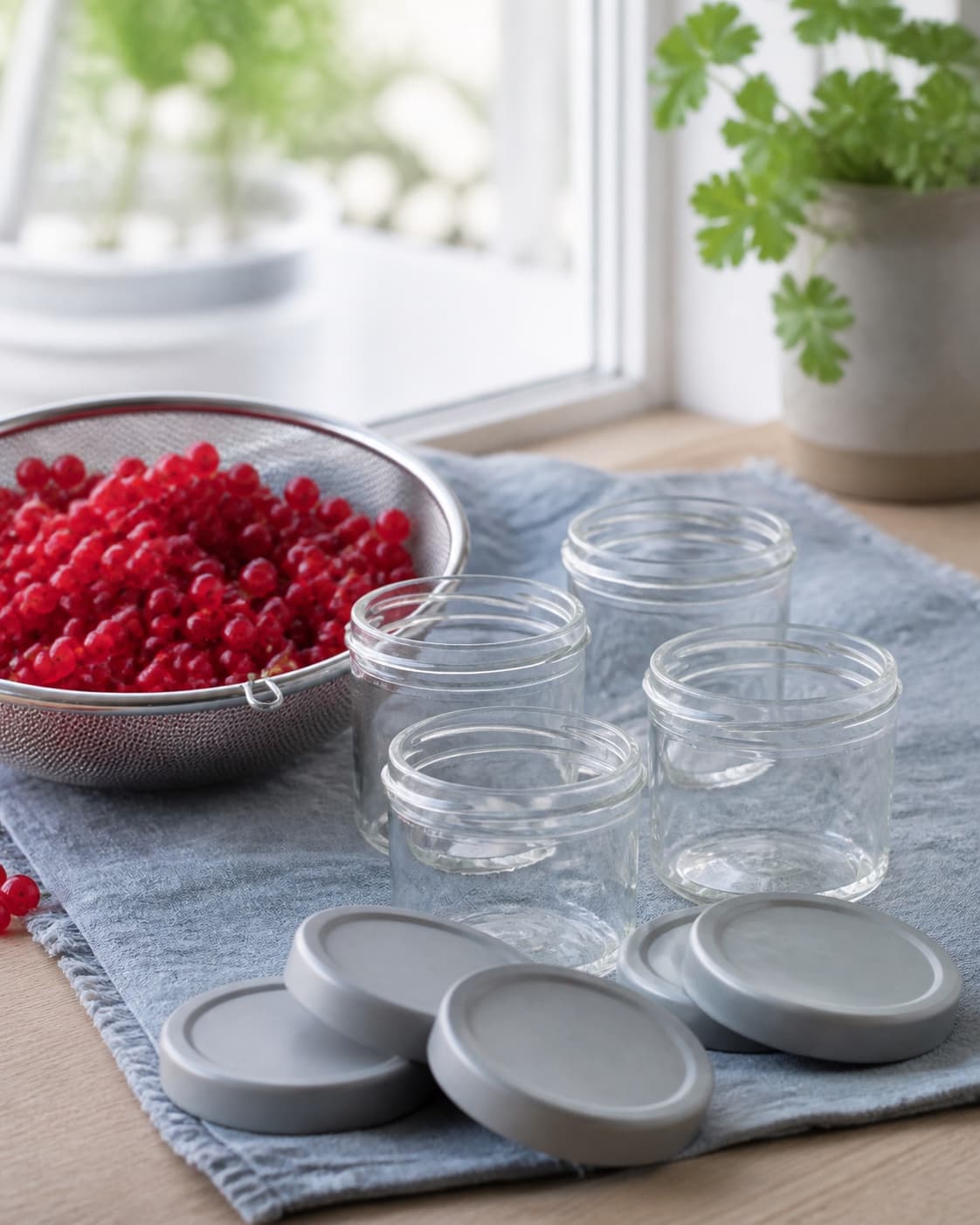 rene røde ribs i sigte ved siden af fire små udekorerede varme glas og plain låg på et rent klæde; kontroltegnet er bærrene er rene, og glassene er varme uden skår, snavs eller sæberester