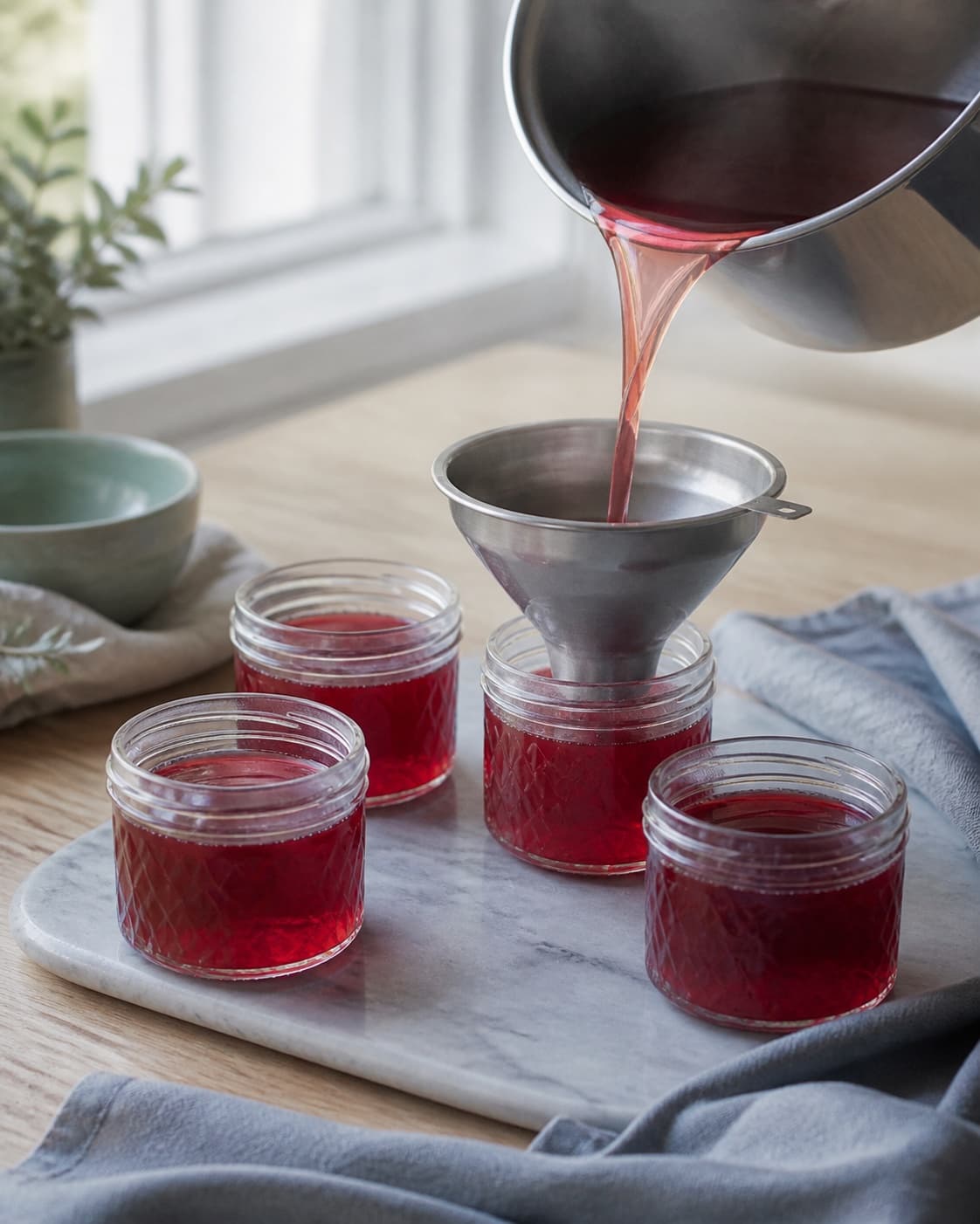 klar varm ribsgelé fyldes gennem ren tragt i fire små varme udekorerede glas før hurtig køling; kontroltegnet er geléen står klar i rene glas uden skum og bliver blødt skærbar efter fuld køling
