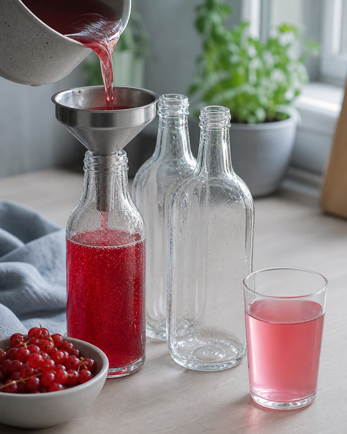 varm ribssaft fyldes i rene udekorerede flasker ved siden af et lille glas korrekt fortyndet klar lyserød saft; kontroltegnet er flaskerne er rene og hurtigt kolde, og den fortyndede prøve er klart lyserød uden bundfald