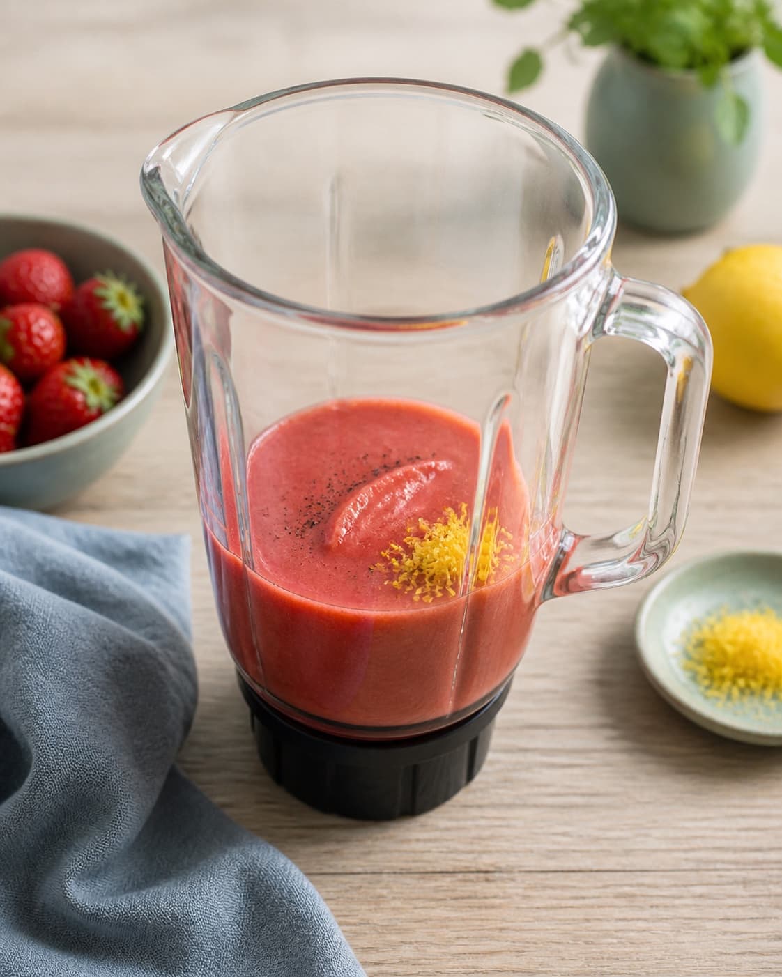 blank dybrød jordbærpuré i en blenderkande med vaniljekorn, citronzest og et glat rent spor; kontroltegnet er puréen er blank, ensartet og uden sukkerkorn eller store frugtstykker