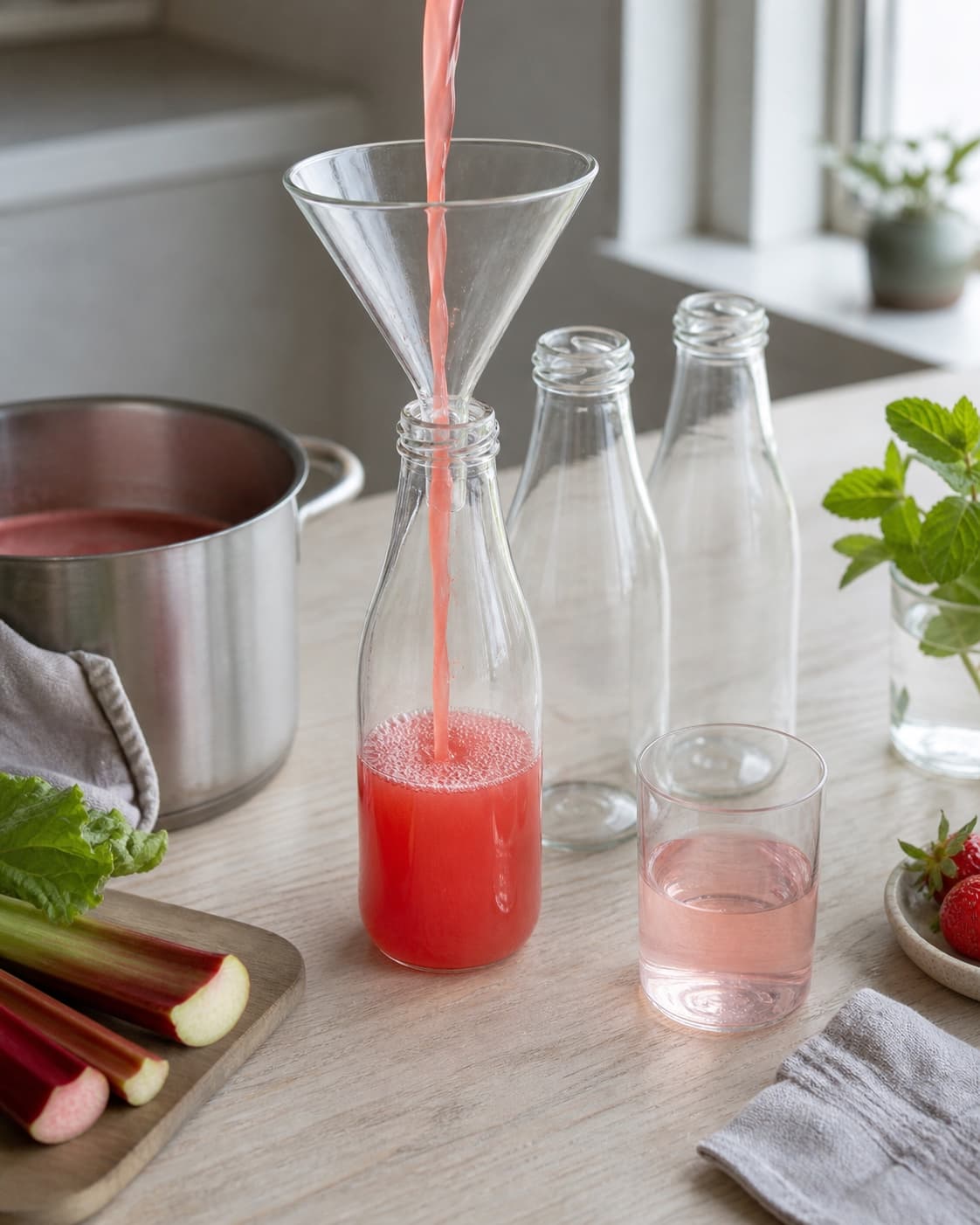varm koralrød saft fyldes gennem ren tragt i udekorerede flasker ved siden af et klart sart rosa fortyndet glas; kontroltegnet er flaskerne er rene og hurtigt kolde, mens den fortyndede prøve er klar sart rosa