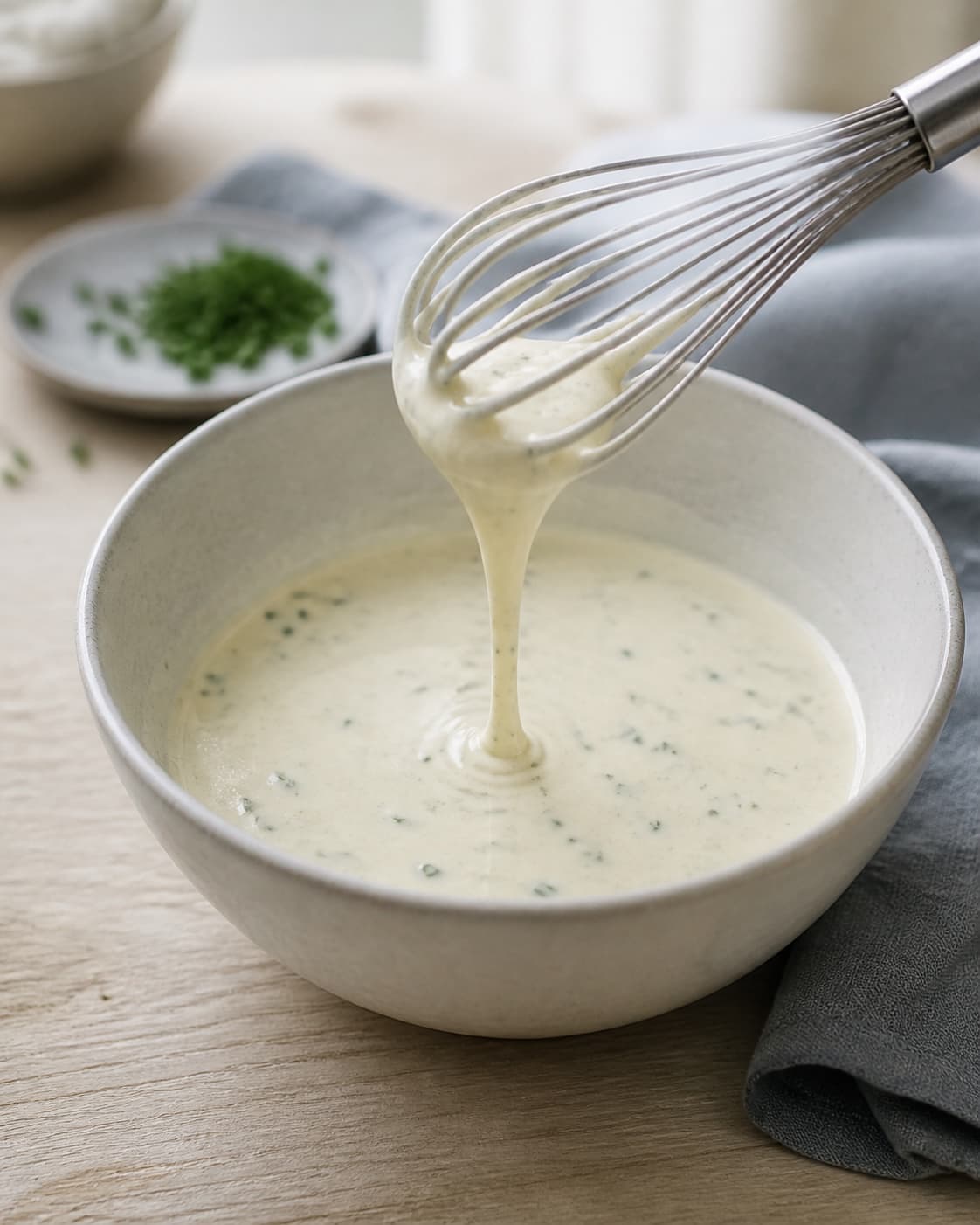 blank lysegul flødedressing med fine purløgsprikker løber i et bredt bånd fra piskeris i en kold skål uden skum; kontroltegnet er dressingen er let tyknet, blank og hældbar med fine grønne purløgsprikker uden skum