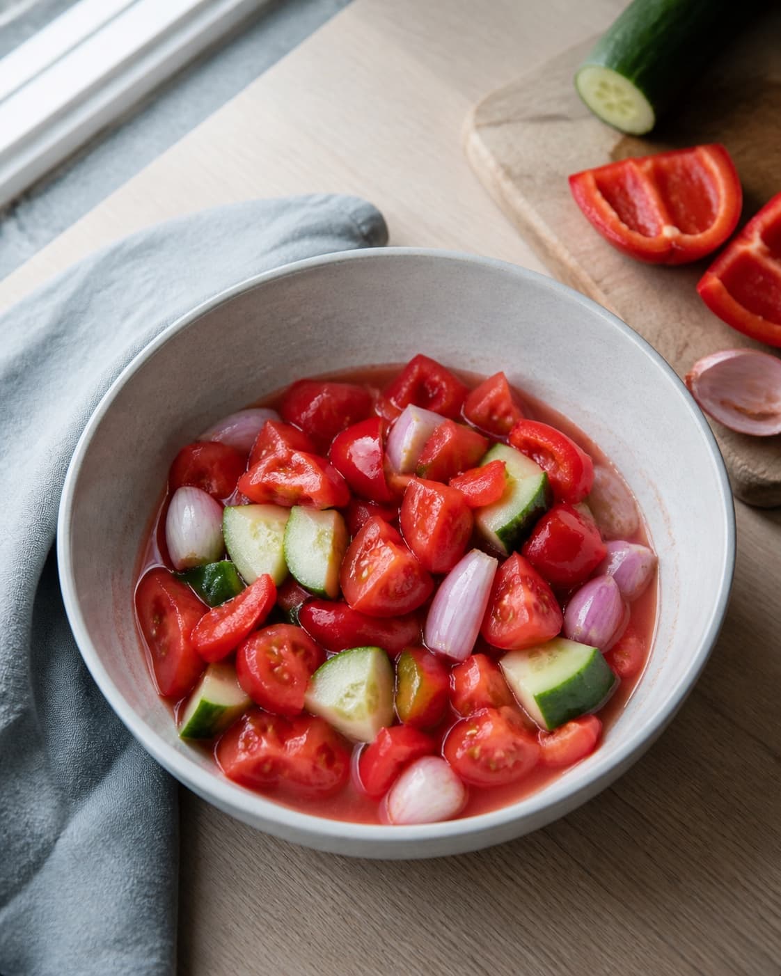 groft skårne modne tomater, pillet rød peber, agurk og skalotteløg trækker i en kold skål med synlig klar rød saft; kontroltegnet er tomaterne har frigivet klar rød saft, og alle grøntsager er blanke og stadig friske