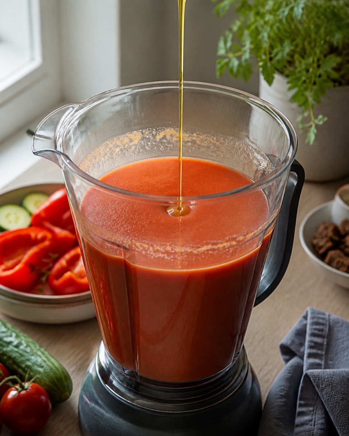 blank dybrød gazpacho emulgeres i en blenderkande med en tynd olivenoliestråle og helt glat overflade; kontroltegnet er suppen er ensartet dybrød, blank og cremet uden synlige grøntsagsstykker eller skilt olie