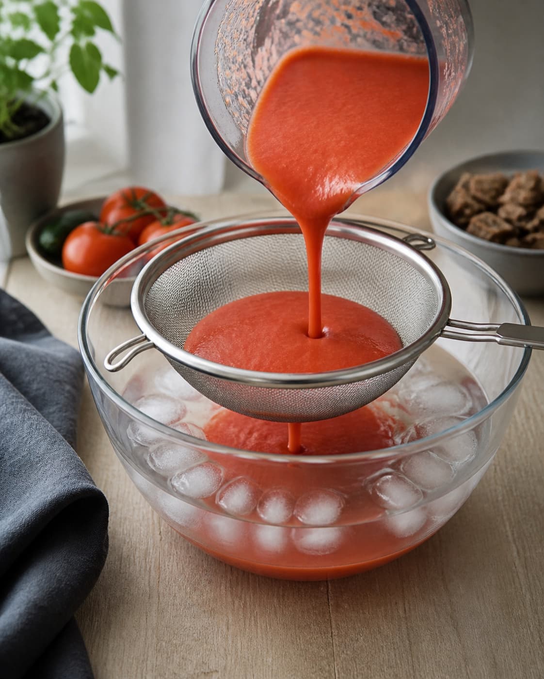 silkeblød dybrød gazpacho passerer gennem en fin sigte til en bred beholder placeret i et rent isbad; kontroltegnet er suppen løber silkeblød gennem sigten uden kerner eller skind og er gennemkold til højst 5 °c
