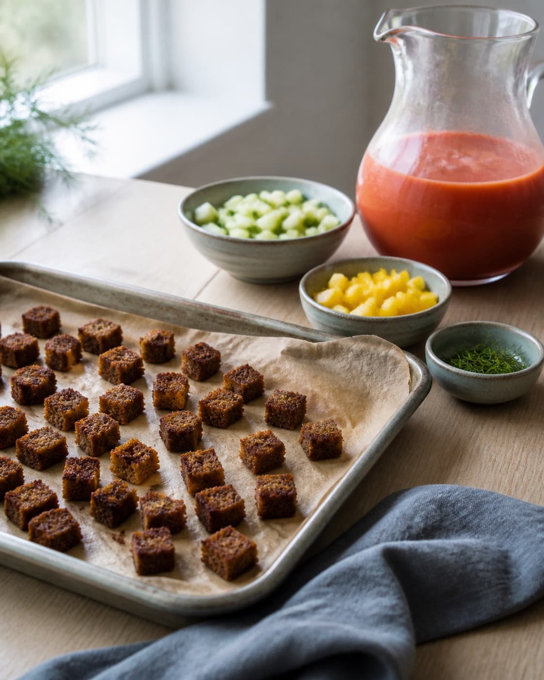 sprøde mørkgyldne rugbrødscroutoner køler på en plade med små separate skåle agurketern gul peber og dild ved siden af en kold kande gazpacho; kontroltegnet er croutonerne er mørkt gyldne og tørre helt ind til midten, mens suppen og garnituren er kolde og separate
