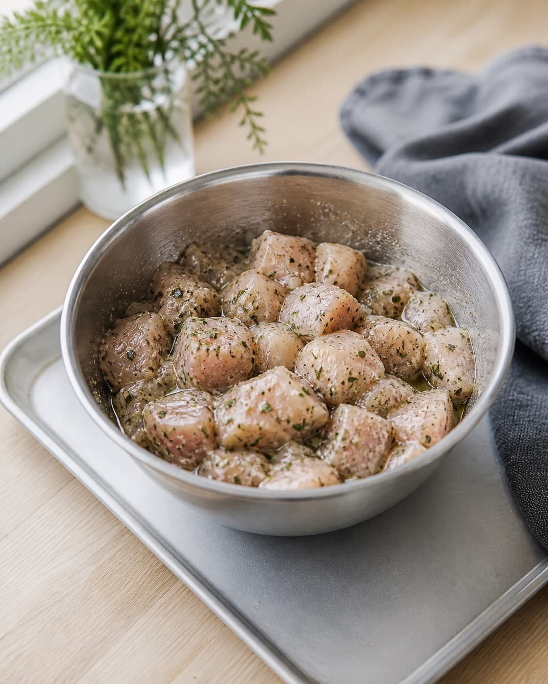 ens rå kyllingetern dækkes af citron-oregano-marinade i en separat stålskål på en ren kølebakke uden tilbehør; kontroltegnet er alle kyllingetern er ens dækket af marinade og står koldt uden kontakt til spiseklare råvarer