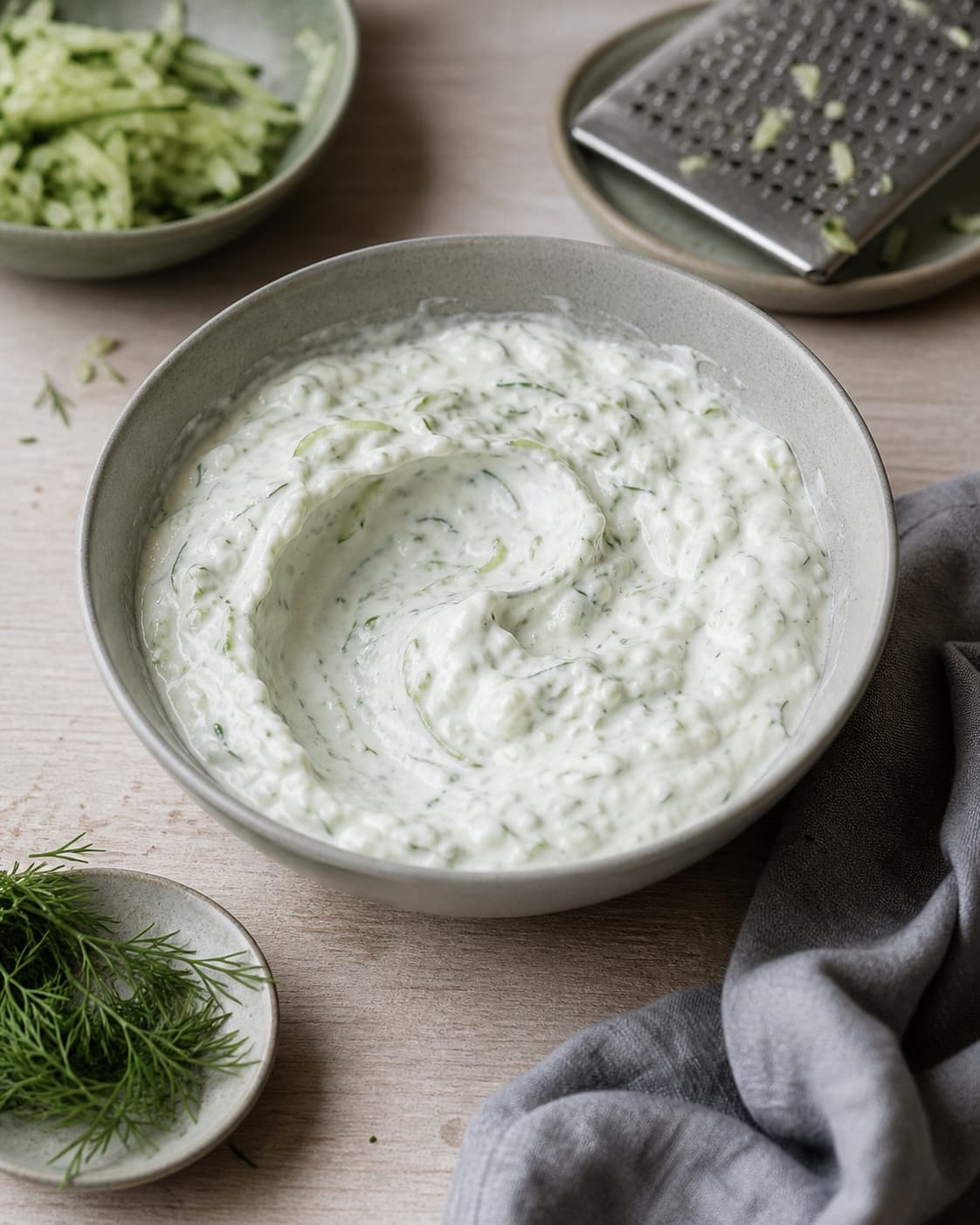tyk hvid tzatziki med tørpresset revet agurk og dild holder et rent ske-spor i en kold skål; kontroltegnet er tzatzikien er tyk og ske-fast uden vandpøl, med fine agurkestrenge og dild