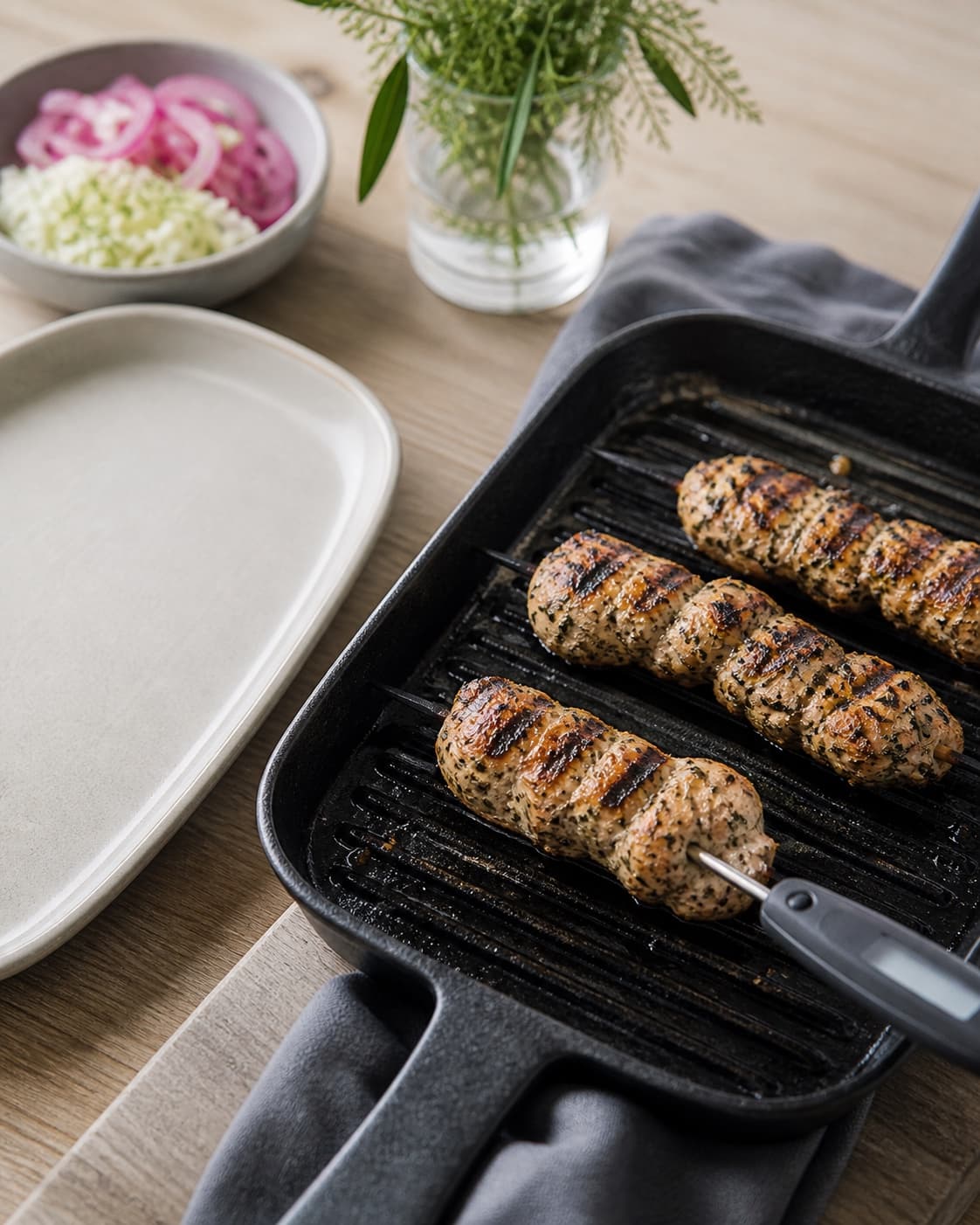 kyllingesouvlaki grilles med tydelige mørke striber mens et digitalt termometer sidder i det tykkeste stykke og rent fad venter separat; kontroltegnet er kyllingen er brunet med mørke grillstriber, saften er klar og kernetemperaturen mindst 75 °c