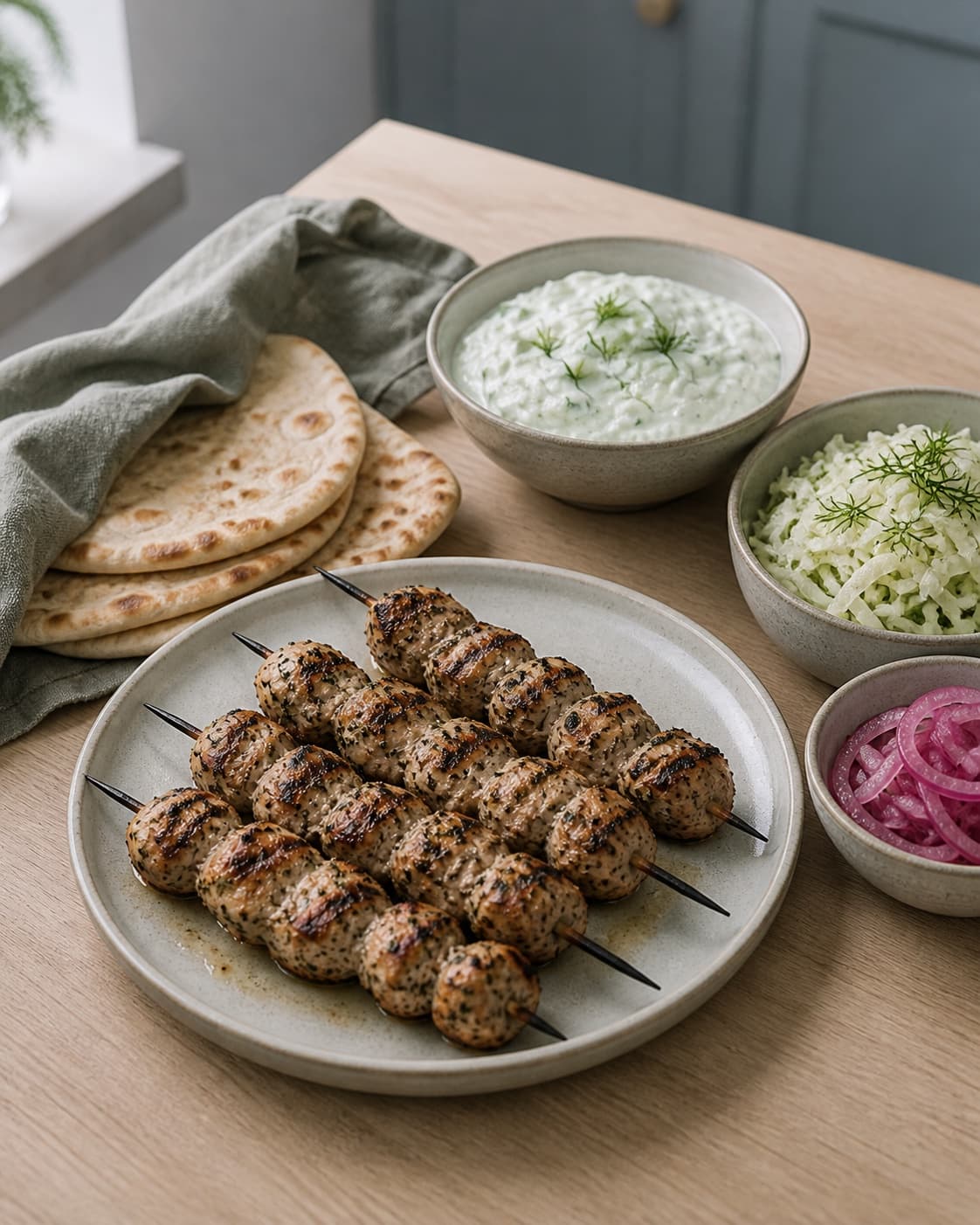 færdiggrillede kyllingespyd hviler på et rent fad ved siden af varme fladbrød og separate skåle kål pink løg og kold tzatziki; kontroltegnet er spydene er saftige efter hvile, tilbehøret er koldt og sprødt, og intet har rørt rå kylling