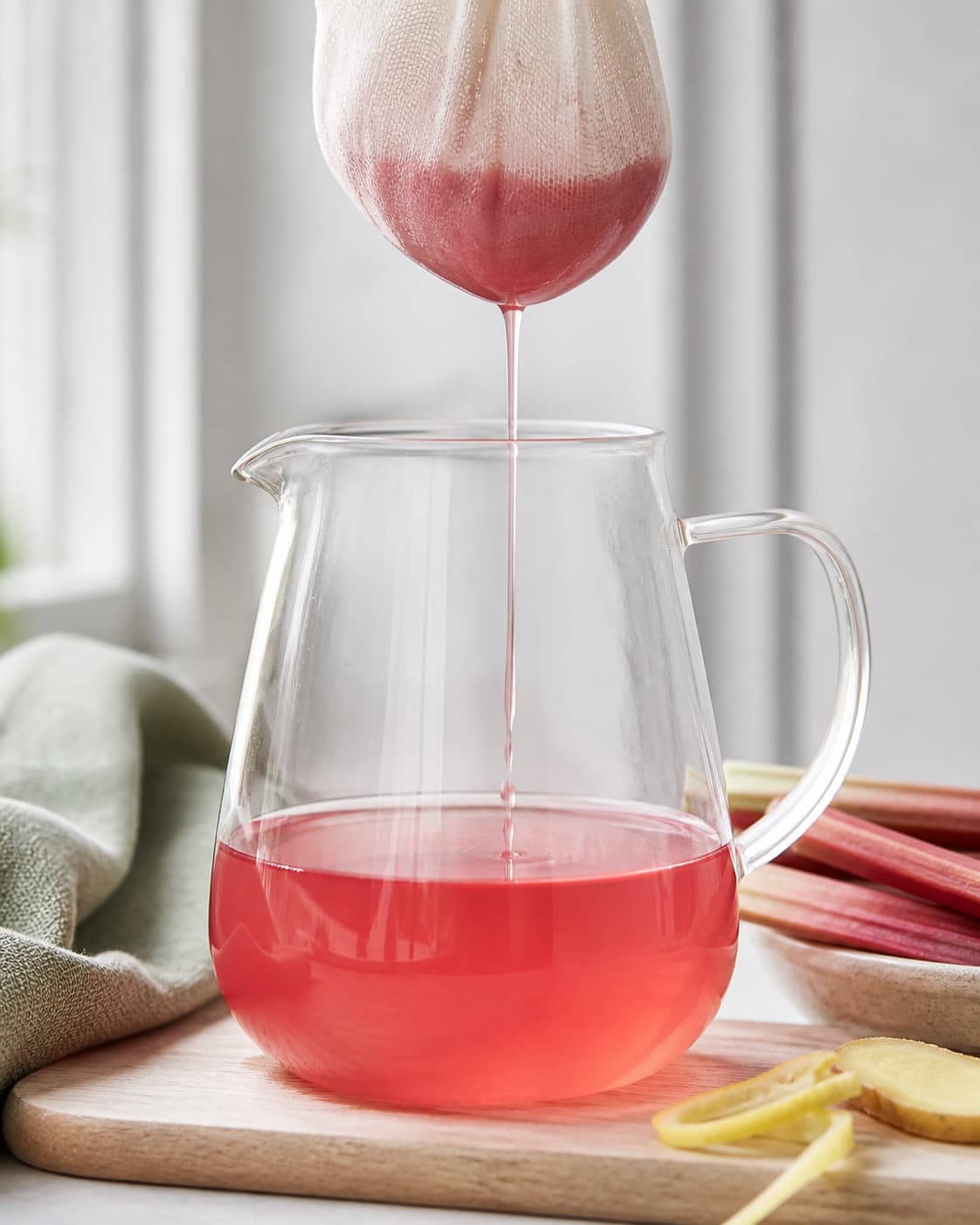 klar rosarød rabarbersaft drypper fra en ren saftpose til en glaskande uden pres eller fibre; kontroltegnet er saften er klar rosarød uden fibre, skum eller grumset frugtkød