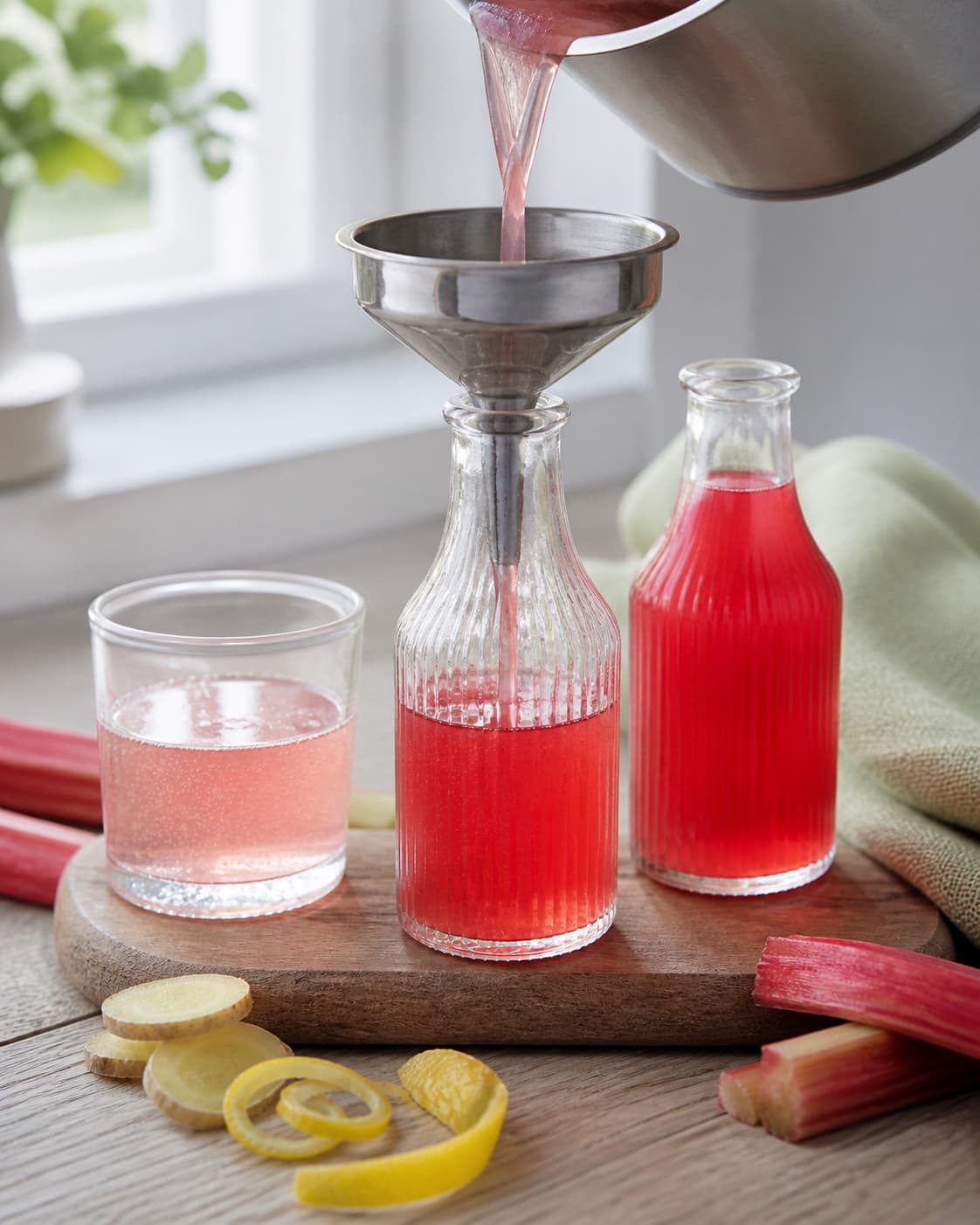 varm klar rosarød sirup fyldes gennem metaltragt i udekorerede glasflasker ved siden af et sart rosa fortyndet glas; kontroltegnet er flaskerne er rene ved halsen og hurtigt kolde, mens en fortyndet prøve er klar sart rosa