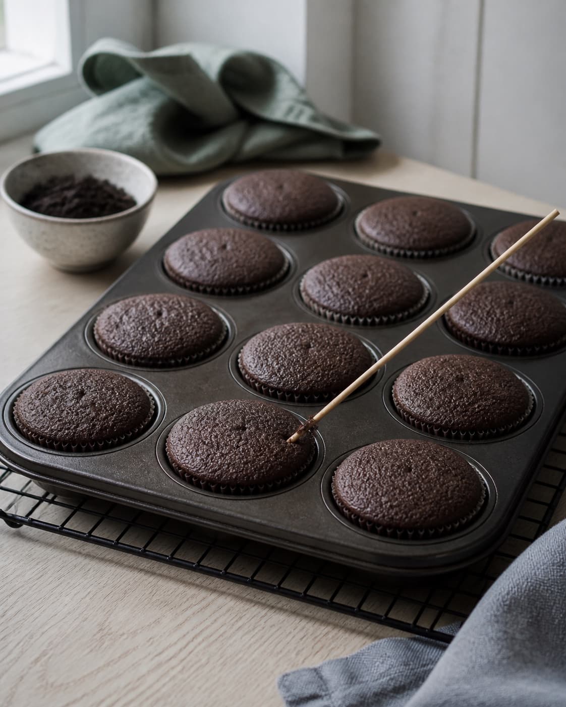 tolv jævnt hævede mørke kakaocupcakes står i fast form med en ren prøvepind der viser få fugtige krummer; kontroltegnet er cupcakesene har jævne let hvælvede toppe, og prøvepinden har fugtige krummer uden blank rå dej