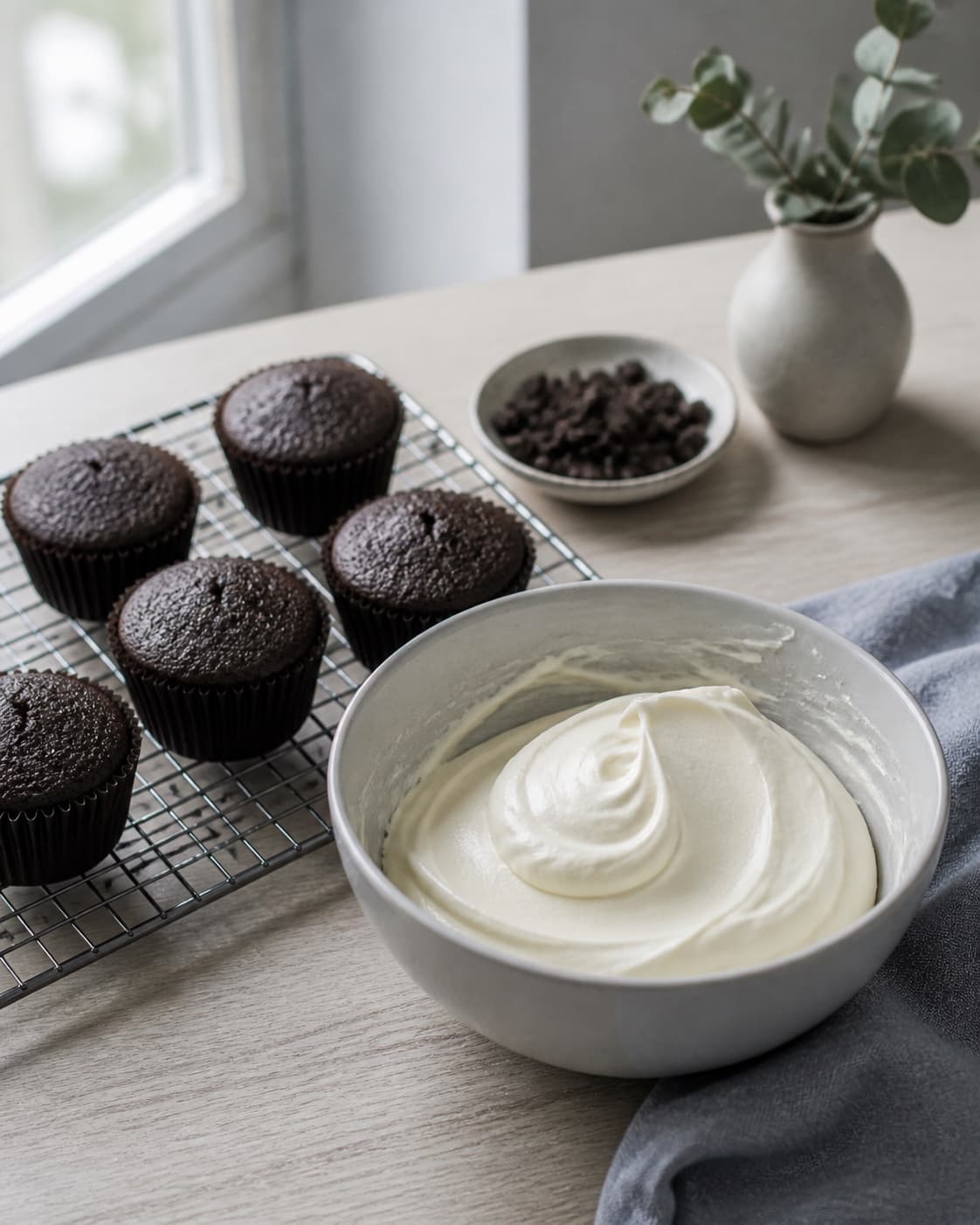 helt kolde mørke cupcakes køler på rist ved siden af en skål glat hvid mascarponefrosting med fast blød top; kontroltegnet er kagerne er helt kolde, og frostingen holder en glat fast top uden korn eller udskilt væske