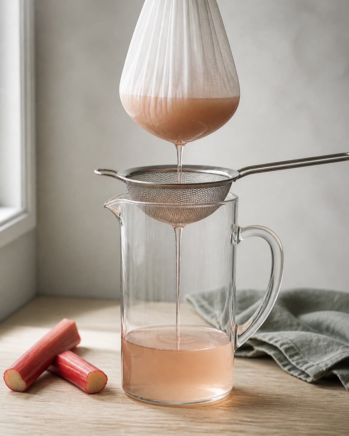 klar sart rosa rabarbersaft løber fra en ren saftpose gennem fin sigte til en glaskande uden fibre; kontroltegnet er saften er klar sart rosa uden fibre, skum eller grumset frugtkød