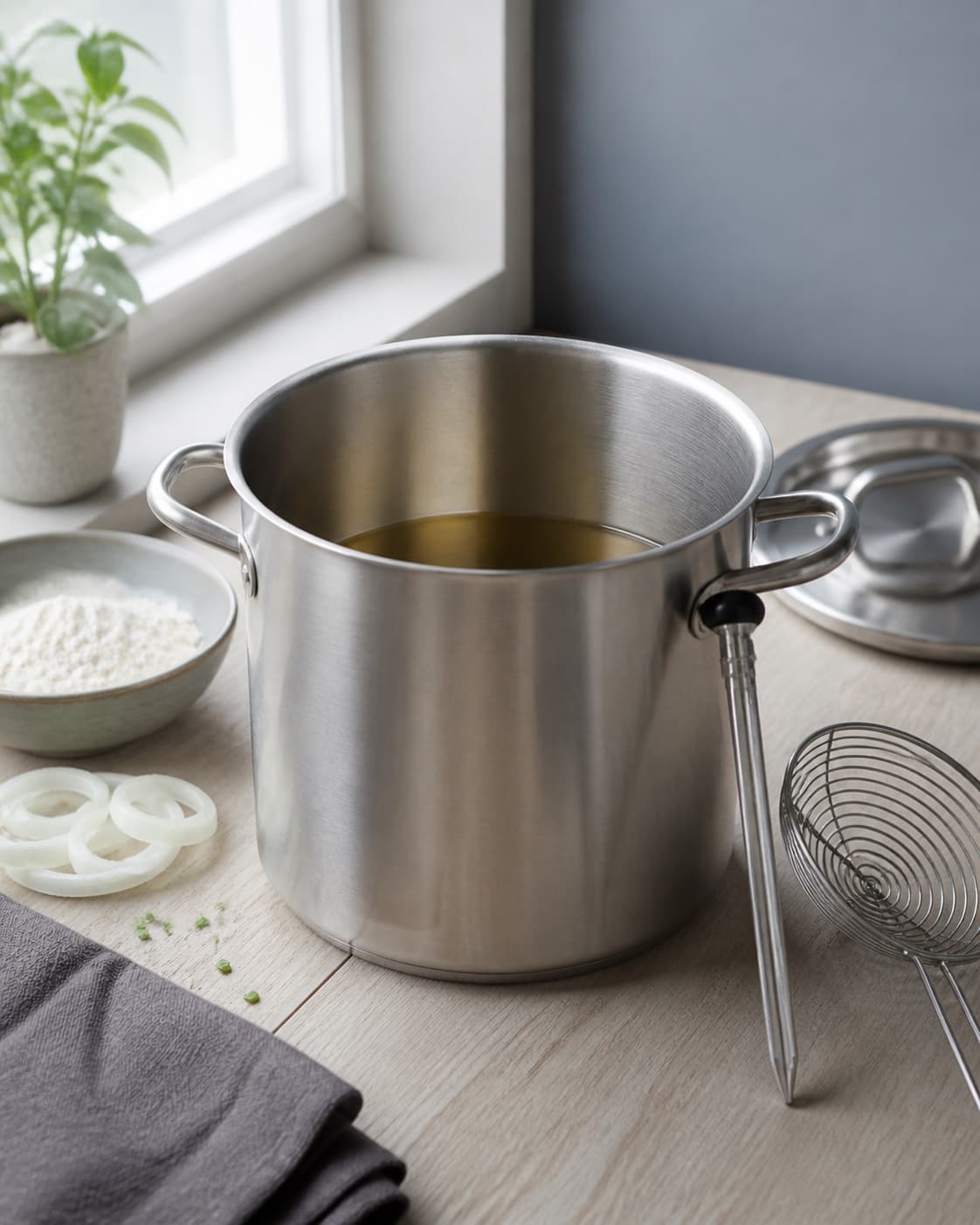 neutral olie står roligt i en høj gryde kun en tredjedel fuld med frituretermometer ved siden af tørt metalredskab og låg; kontroltegnet er olien står roligt ved 165 °c med god fri plads til kanten og uden vand nær gryden