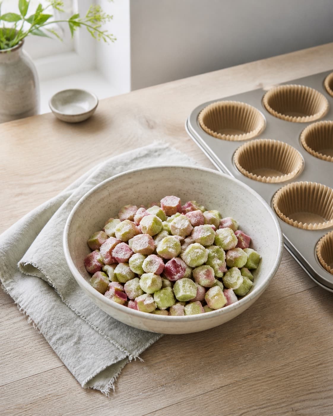 ens rubygrønne rabarbertern uden blade ligger let pudrede i en keramikskål ved siden af en tom fast muffinform; kontroltegnet er rabarberternene er faste, ens og let pudrede uden blade eller væskepøl