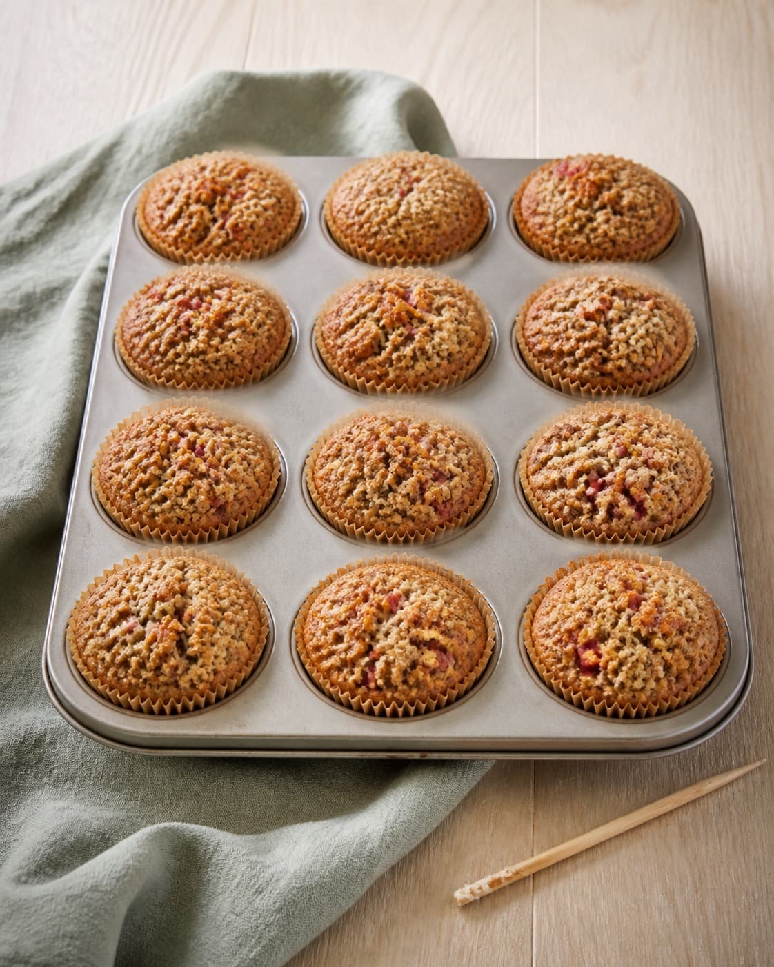 tolv gyldne rabarbermuffins med tør mandelcrumble bager i fast form mens en træpind viser få fugtige krummer; kontroltegnet er muffinsene er gyldne med tør sprød crumble, og en prøvepind viser få fugtige krummer uden rå dej