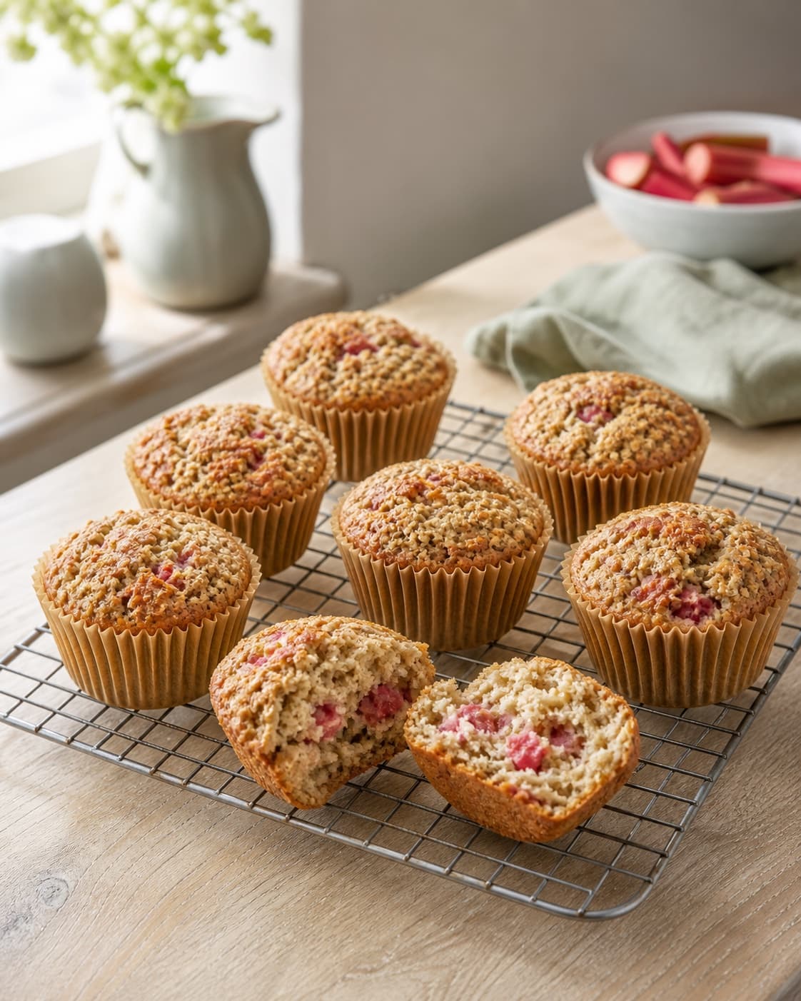 gyldne muffins køler luftigt på rist med en enkelt delt muffin der viser fugtig krumme og tydelige rabarberstykker; kontroltegnet er muffinsene holder formen, crumbletoppen er tør, og den åbne krumme er fugtig men ikke klæg