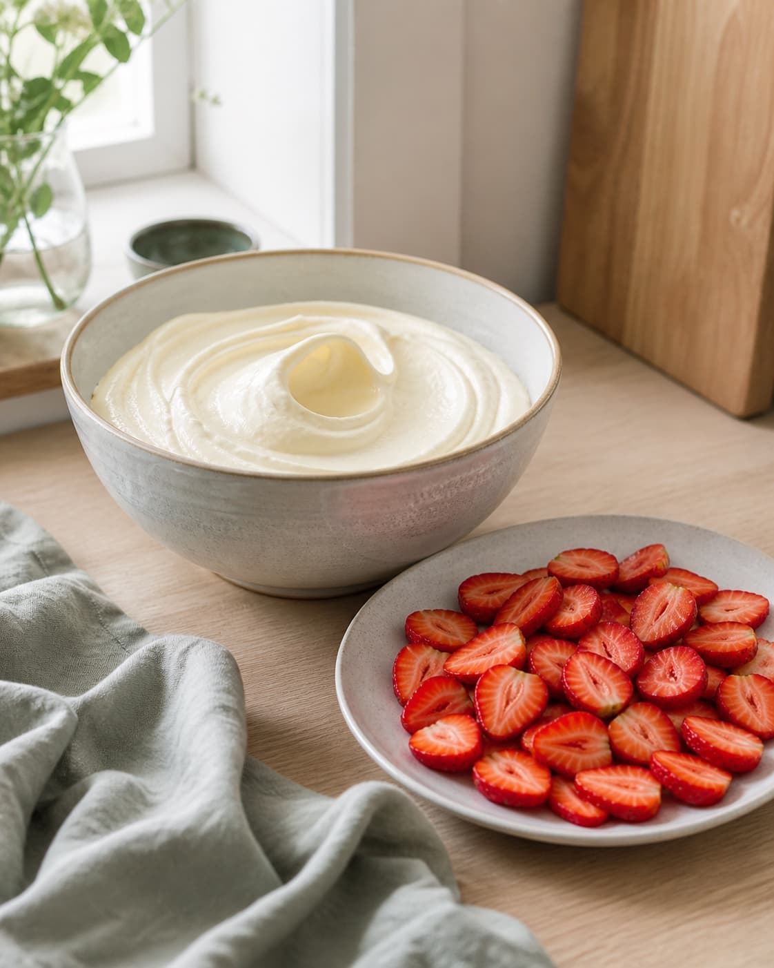 kold hvid citron-mascarponecreme holder en fast glat top i skål ved siden af ens tørre jordbærskiver; kontroltegnet er cremen er glat og ske-fast uden gryn, og jordbærskiverne er tørre og ens