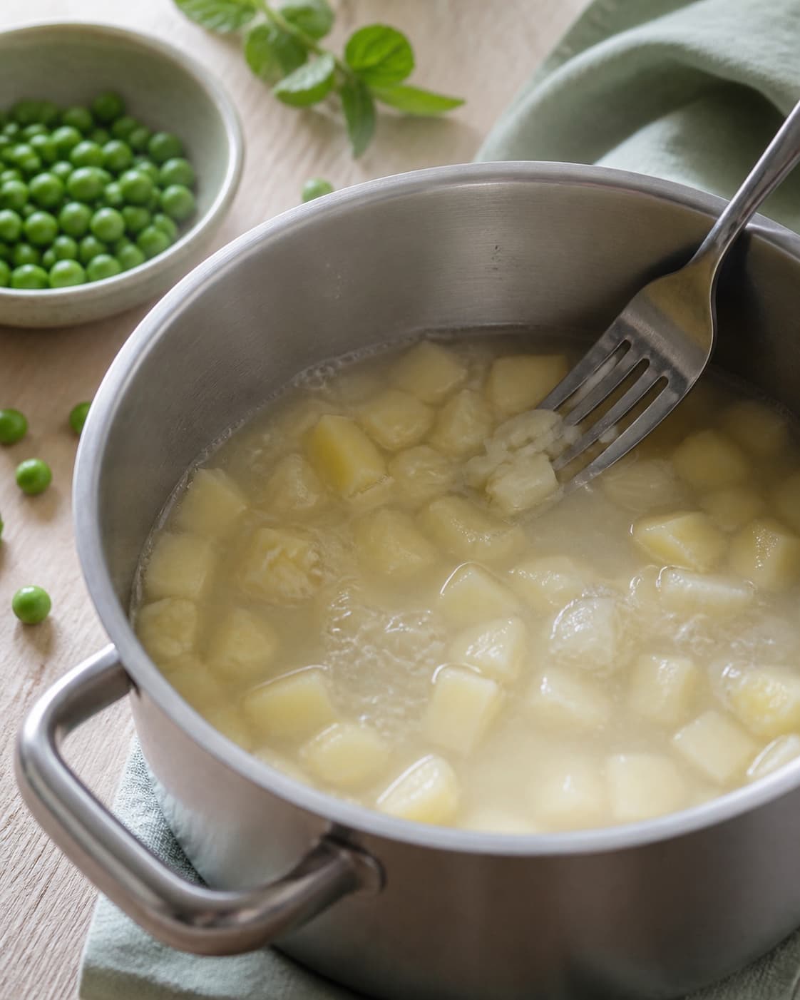 lyse kartoffeltern simrer møre i klar bouillon og en gaffel maser let et enkelt tern mod grydesiden; kontroltegnet er kartoflen er helt mør ved let tryk, mens væsken stadig er lys og roligt simrende