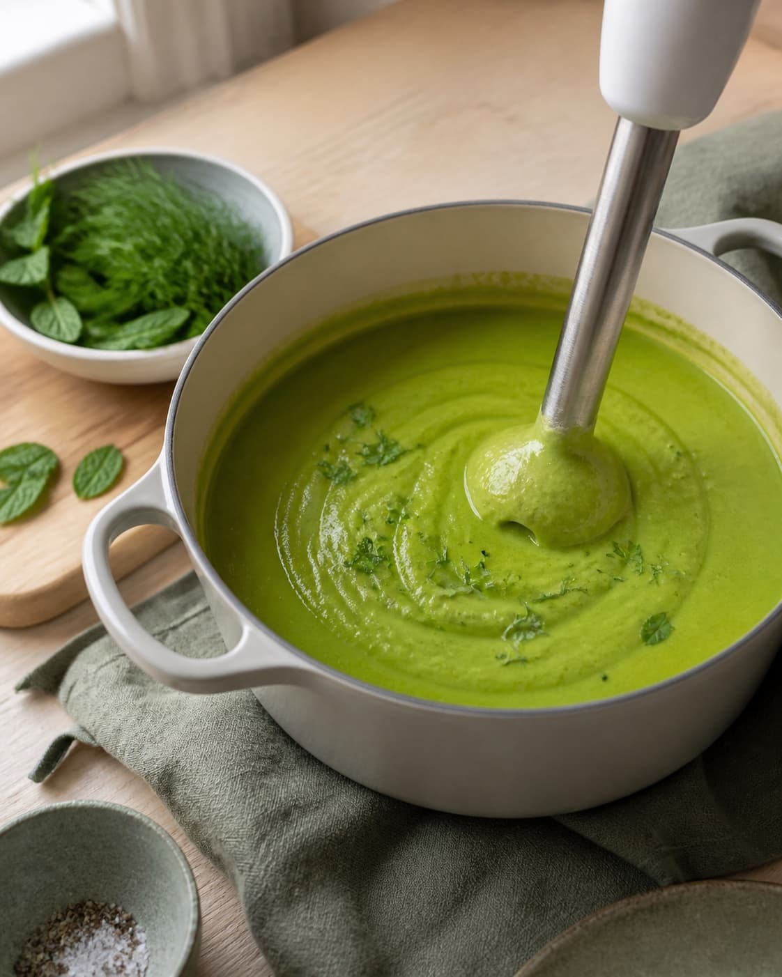 klart grøn ærtesuppe hvirvler silkeblød omkring stavblender i gryde med enkelte mynte- og dildblade netop tilsat; kontroltegnet er suppen er ensartet klart grøn og silkeblød uden hele ærter eller grå overkogt tone