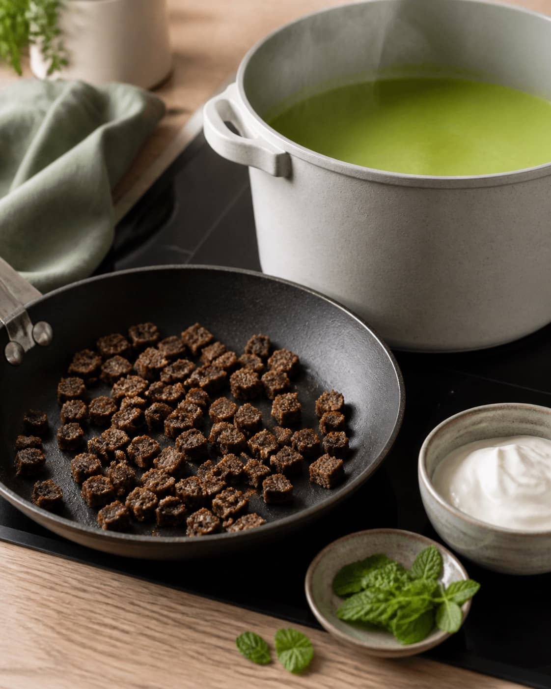 små rugbrødsterninger ristes mørkt sprøde på pande ved siden af en gryde klar grøn suppe og en lille skål cremefraiche; kontroltegnet er suppen er rygende varm og friskgrøn, mens rugbrødet er tørt og sprødt helt ud til kanterne