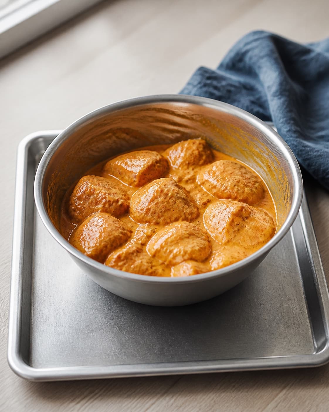 ens rå kyllingestykker er dækket af orange yoghurtmarinade i separat stålskål på en ren kølebakke uden tilbehør; kontroltegnet er alle ens kyllingestykker er dækket af krydret yoghurt og står koldt adskilt fra spiseklare råvarer
