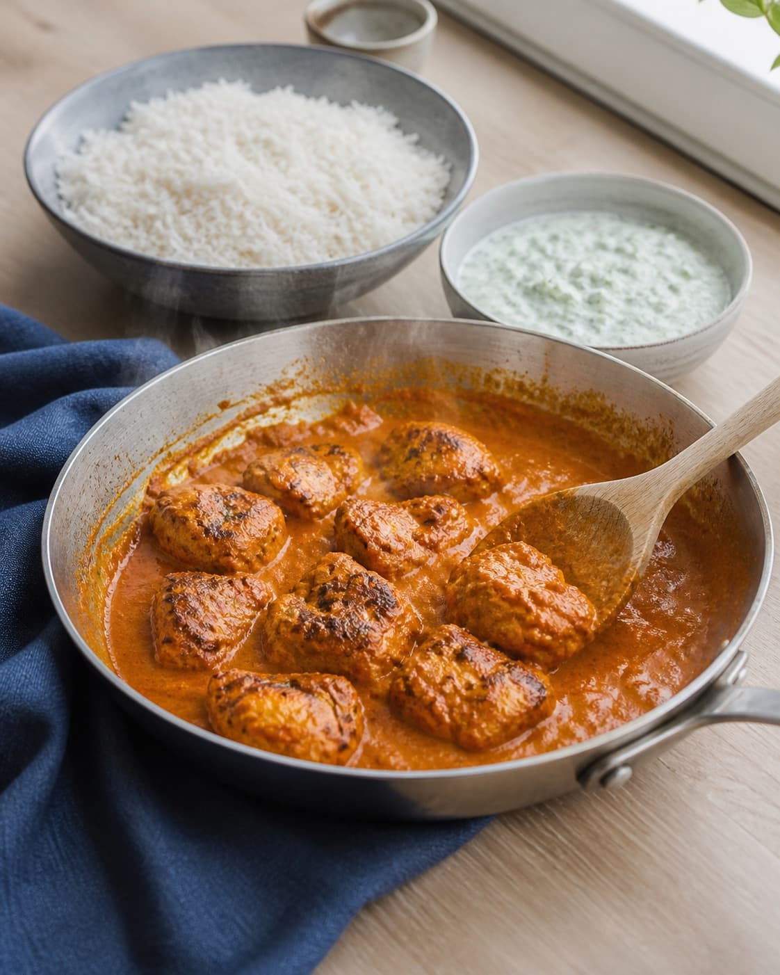 gennemstegte tikka-stykker vendes i blank cremet orange tomatsauce i pande ved siden af separate skåle ris og iskold raita; kontroltegnet er saucen er cremet orange-rød og hænger om varme kyllingestykker, som stadig måler mindst 75 °c