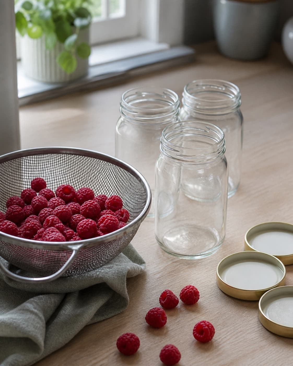rene røde hindbær ligger luftigt i sigte ved siden af tre varme udekorerede glas og separate rene låg; kontroltegnet er kun faste duftende bær uden mug er tilbage, og glassene er varme, rene og uden skår