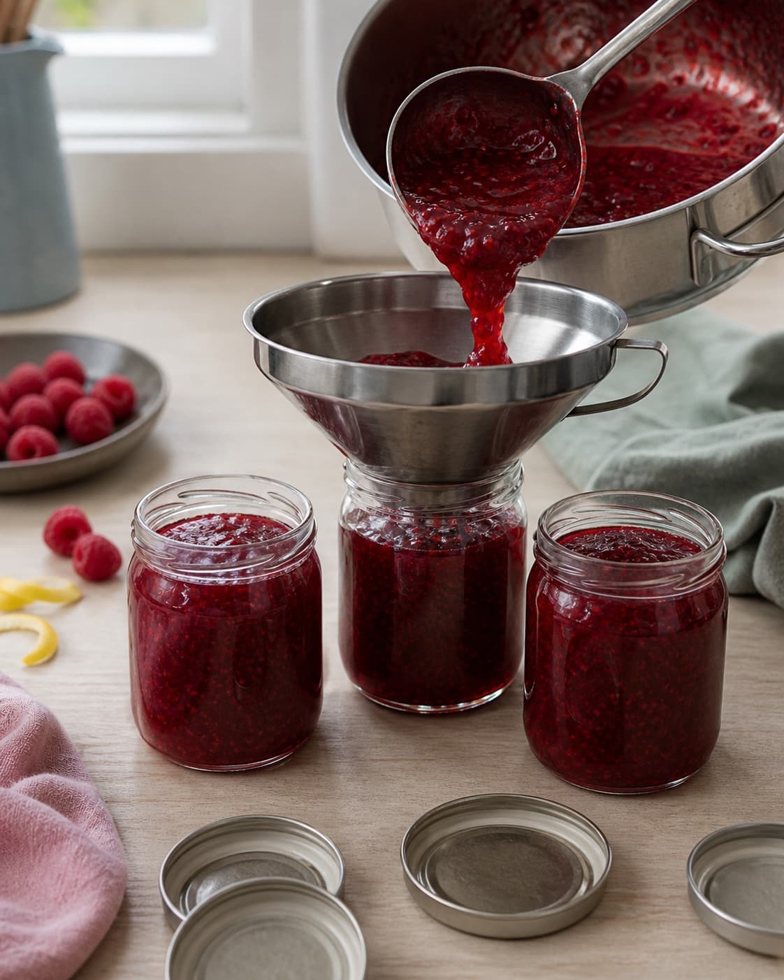 varm rubinrød marmelade fyldes gennem ren metaltragt i tre udekorerede glas med helt rene kanter og separate låg; kontroltegnet er glassene er rene ved kanten og hurtigt kolde, og marmeladen er næste dag blød, blank og ske-fast
