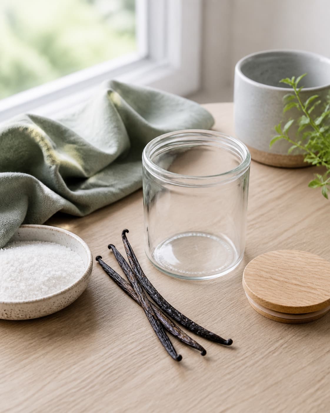 tre hele mørke vaniljestænger inspiceres ved siden af et åbent fuldstændigt tørt klart glas og et tørt låg; kontroltegnet er stængerne dufter rent uden mug, og glasset er helt tørt uden dråber eller kondens