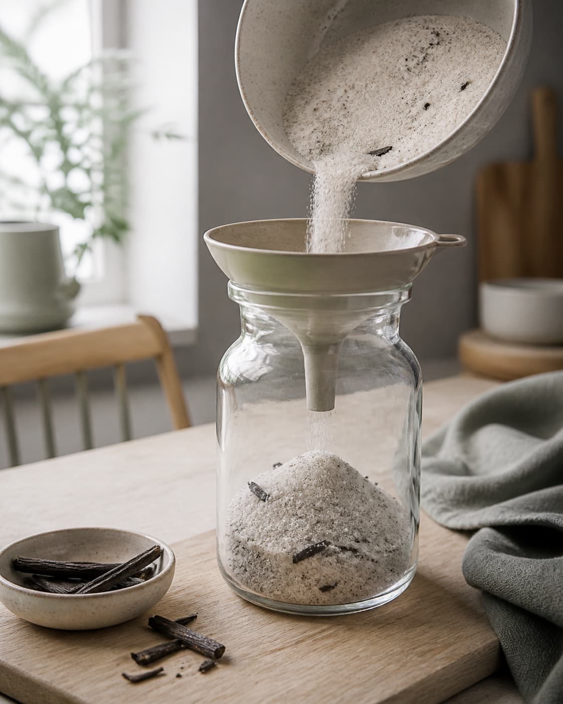 løst hvidt sukker med fine sorte korn og korte tørre vaniljestykker fyldes gennem tør tragt i klart glas; kontroltegnet er sukkeret er løst, ens prikket og tørt omkring tydelige stykker vaniljestang