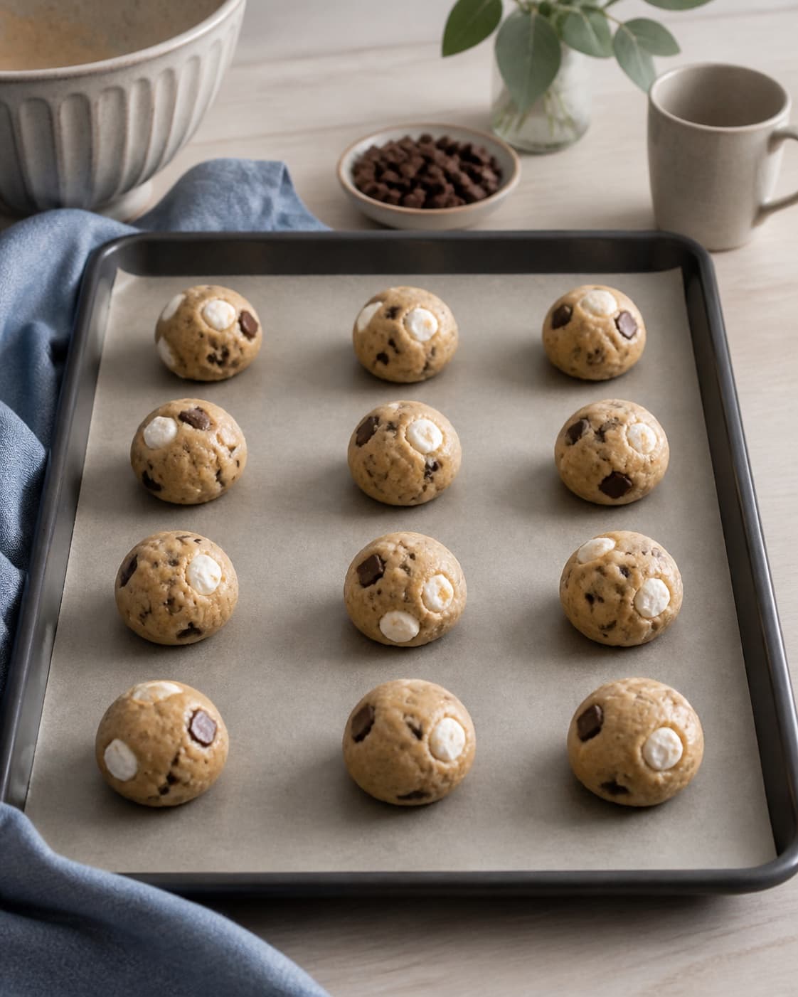 tolv ens tykke cookie-dejkugler med mørke chokoladestykker og hvide skumfiduser delvist presset ind køler på en bakke; kontroltegnet er tolv ens kolde dejkugler har tydelige chokoladestykker og skumfiduser delvist beskyttet af dej