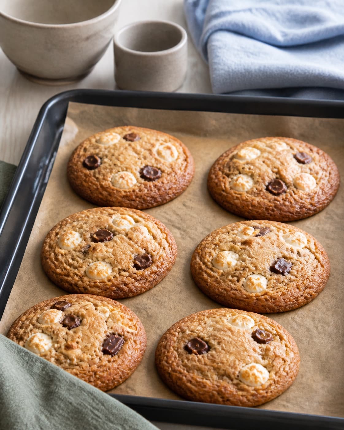 seks tykke cookies bager med gyldne faste kanter mørke chokoladestykker og let ristede skumfiduslommer på stor plade; kontroltegnet er kanten er gylden og fast, skumfiduserne lyst ristede, og midten er mat uden blank rå dej