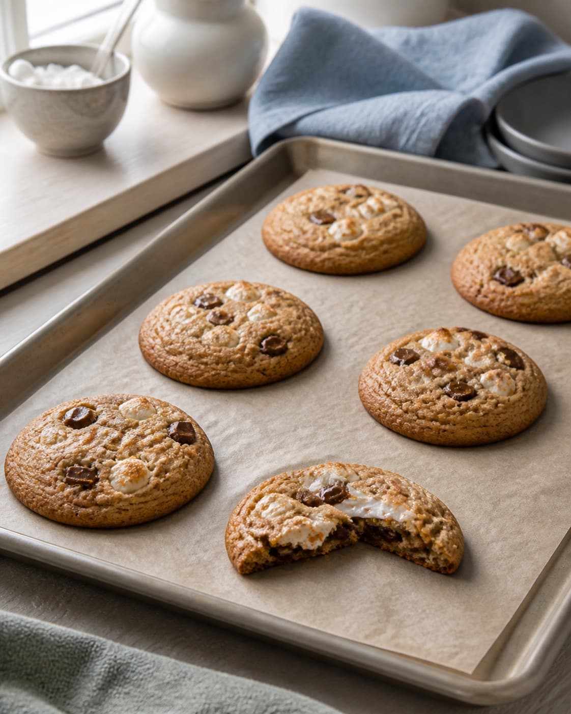 tykke gyldne cookies sætter sig med luft mellem sig på varm plade mens én delt afkølet cookie viser blød ikke-rå midte; kontroltegnet er cookies holder rund form med sprød kant og en blød gennemstabil midte uden rå dej