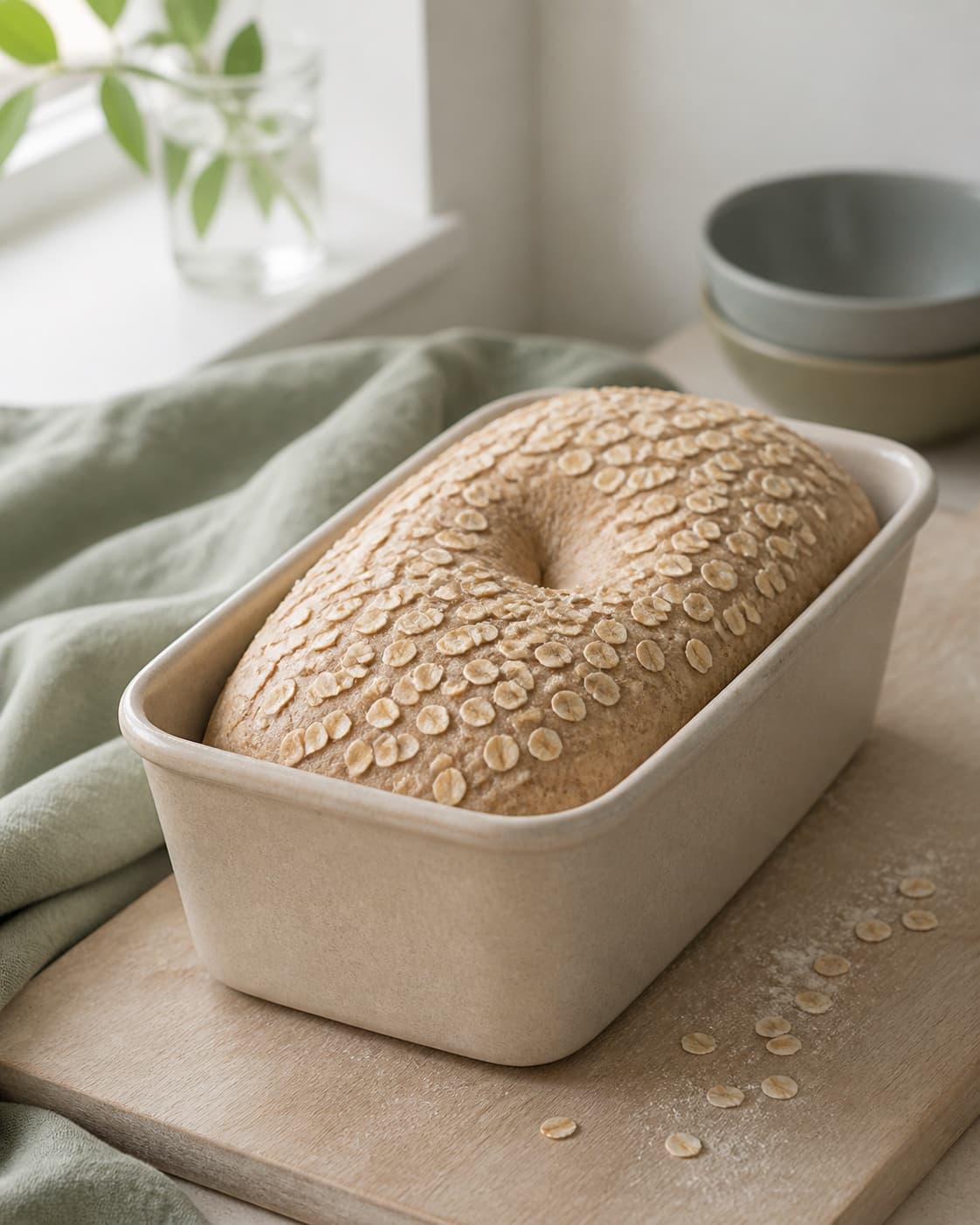 jævnt kuplet råt fuldkornsbrød med havre på toppen står cirka to centimeter over kanten af en enkel lys brødform; kontroltegnet er dejen står jævnt kuplet cirka 2 cm over formens kant, og et let tryk fjedrer langsomt delvist tilbage