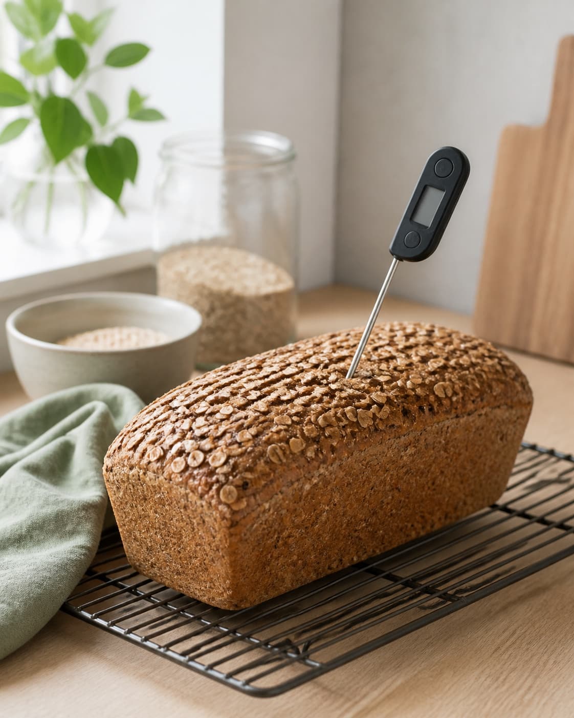 dybt gyldent helt groft formbrød køler frit på rist og et rent termometer viser korrekt placering i brødets centrum; kontroltegnet er brødet er dybt gyldent, lyder hult under bunden, måler 96–98 °c i midten og er helt koldt før udskæring
