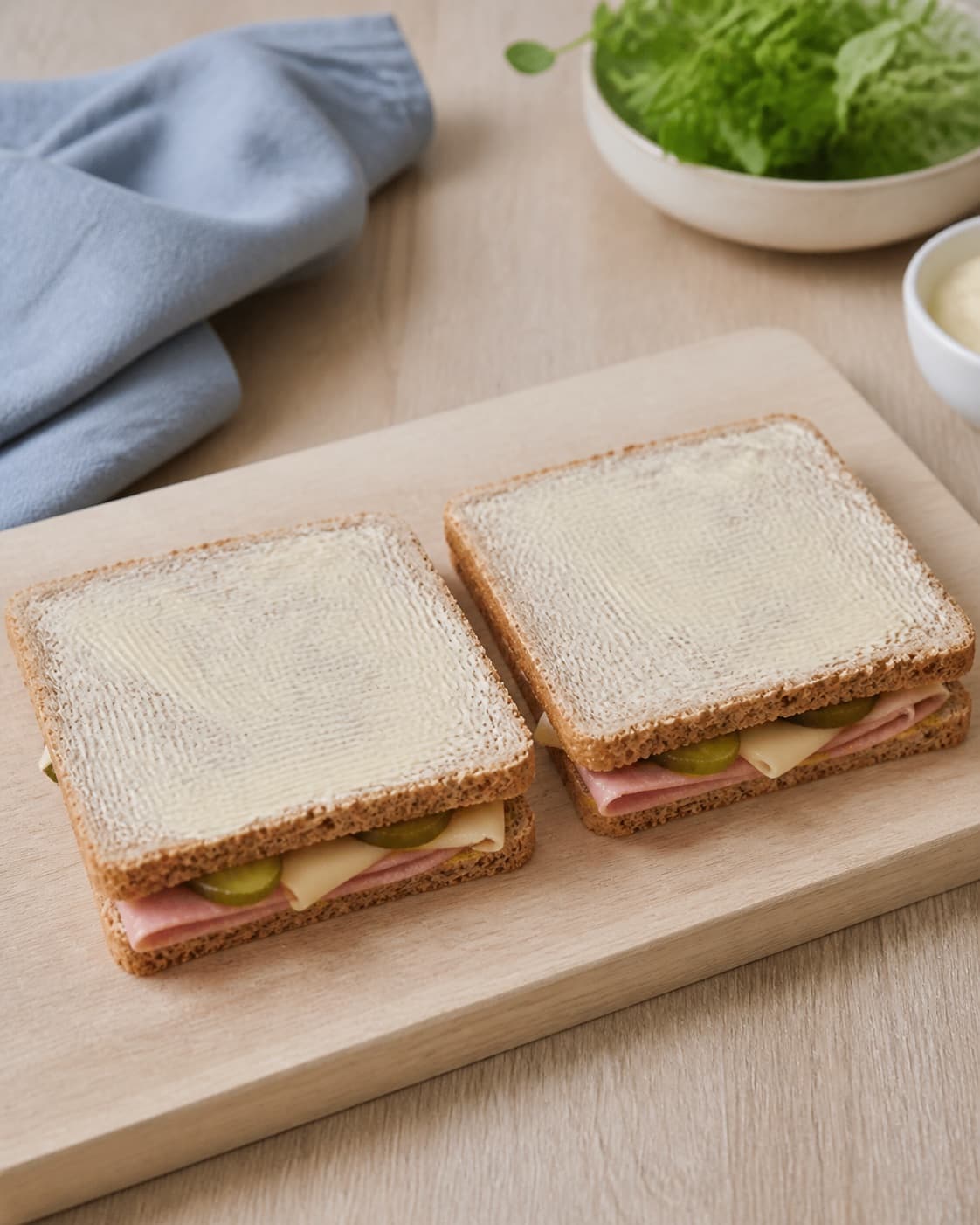to lukkede firkantede fuldkornstoast ligger på lyst bræt med tyndt ens smørlag og fyld holdt tydeligt inden for kanterne; kontroltegnet er to lukkede toast har fyldet jævnt inden for kanten og et tyndt smørlag uden klumper på ydersiden