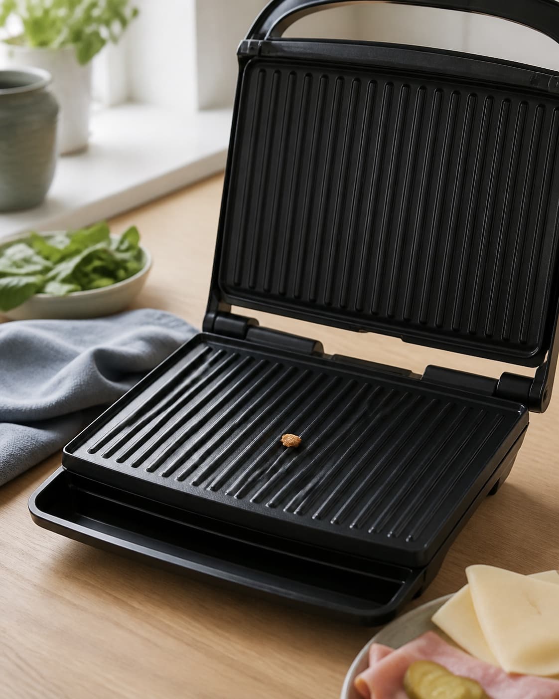 ren tom kontaktgrill står åben og jævnt forvarmet med én lille gylden brødkrumme på den matte rillede flade uden røg; kontroltegnet er grillen er jævnt varm omkring 185 °c, og en brødkrumme syder roligt uden røg eller hurtig sortfarvning