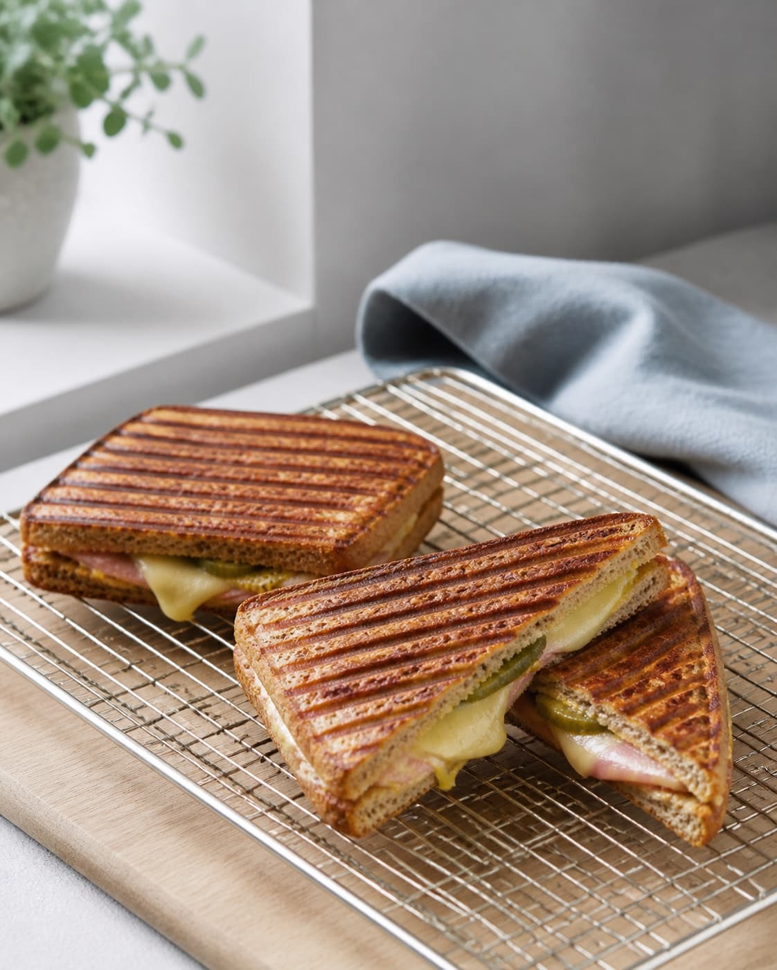 to hele grillede toast hviler kort på metalrist og én er netop skåret diagonalt med rent snit og sammenhængende varmt fyld; kontroltegnet er toastene holder fyldet ved et rent diagonalt snit, skorpen knaser, og osten er varm og sammenhængende uden væskepøl