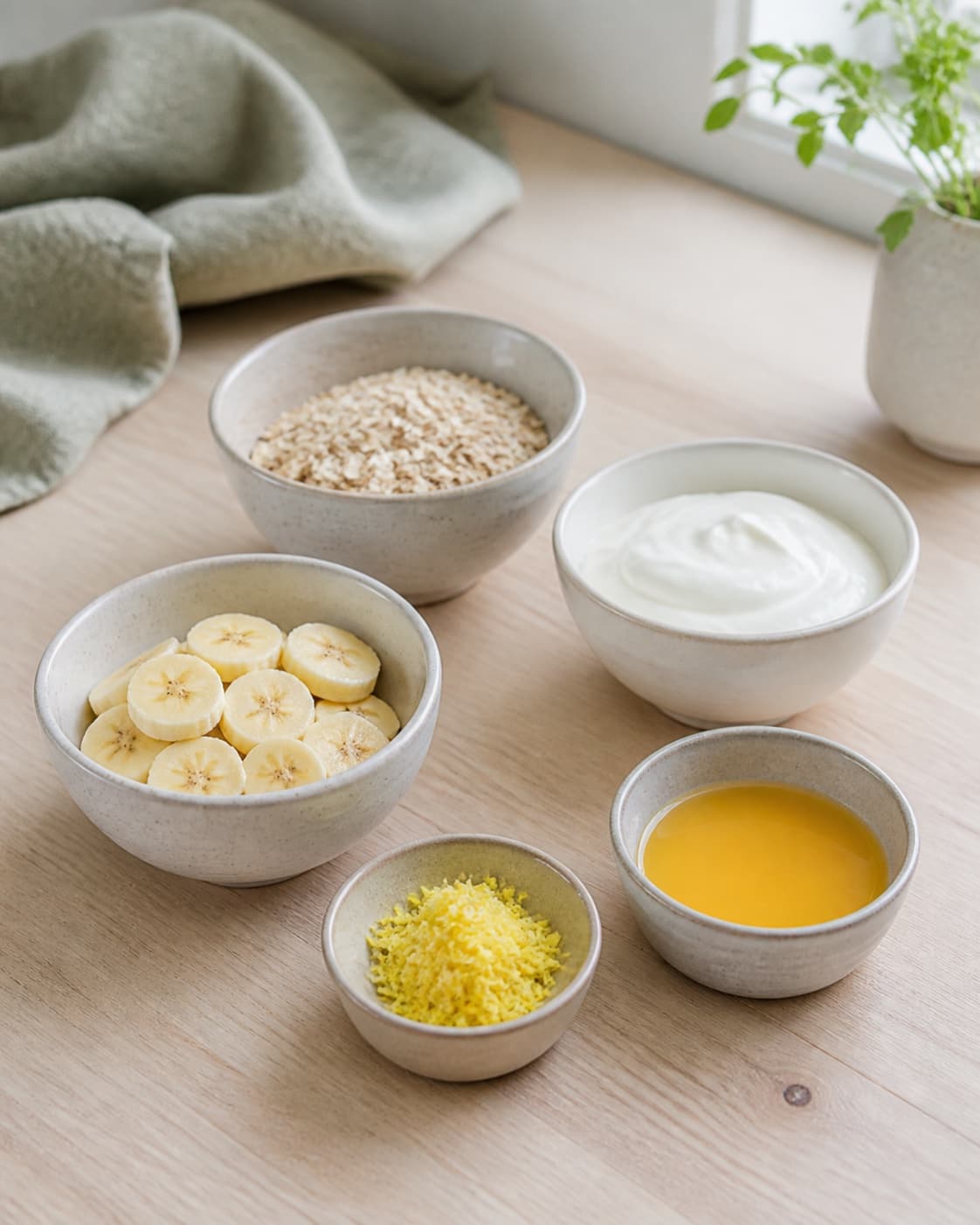 bananskiver fintrevet lys ingefær kold appelsinsaft havregryn og skyr står i separate små udekorerede skåle på lyst træ; kontroltegnet er bananen er moden uden fordærv, ingefæren er fintrevet uden grove fibre, og alle kolde råvarer står adskilt og afmålt