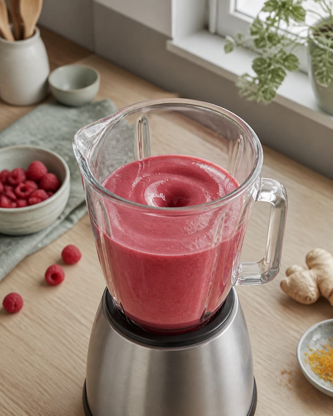 ensartet tyk rubinrosa smoothie hvirvler i en åben udekoreret blender med helt glat overflade og ingen synlige frugtstykker; kontroltegnet er smoothien er ensartet rubinrosa med fin glans og uden synlige havreflager, bananstykker eller ingefærfibre