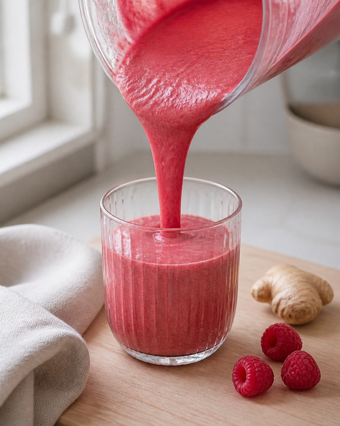 tyk rubinrosa smoothie hældes i en enkel kold ribbet glas uden pynt mens den danner et jævnt sammenhængende bånd; kontroltegnet er smoothien løber sammenhængende i et tykt bånd, er højst 5 °c og smager frisk uden skarp eller vandet afslutning