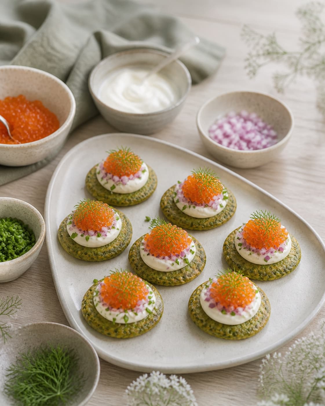 små grønne blinis samles på et enkelt serveringsfad med særskilte lag af hvid creme orange rogn rødløg purløg og små dildduske; kontroltegnet er hver blini har tydelige kolde lag, rognen er blank og frisk, og det samlede fad er højst 5 °c frem til servering
