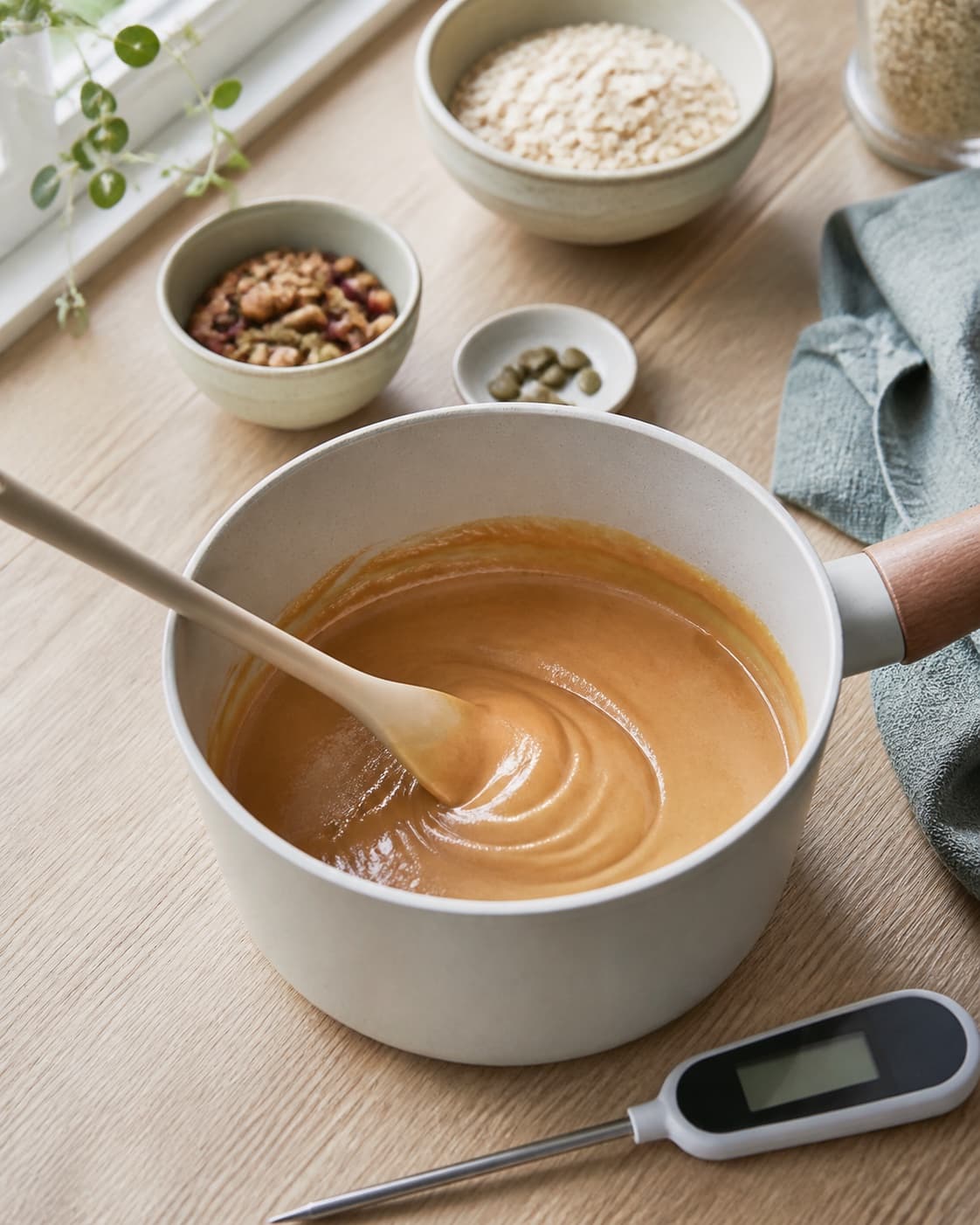 blank ravgylden honning-peanutbuttermasse røres glat i en lille lys gryde ved siden af et rent digitaltermometer uden kogebobler; kontroltegnet er bindemassen er blank og ensartet ved 75–80 °c uden olielag, klumper, hård kogning eller brændt bund