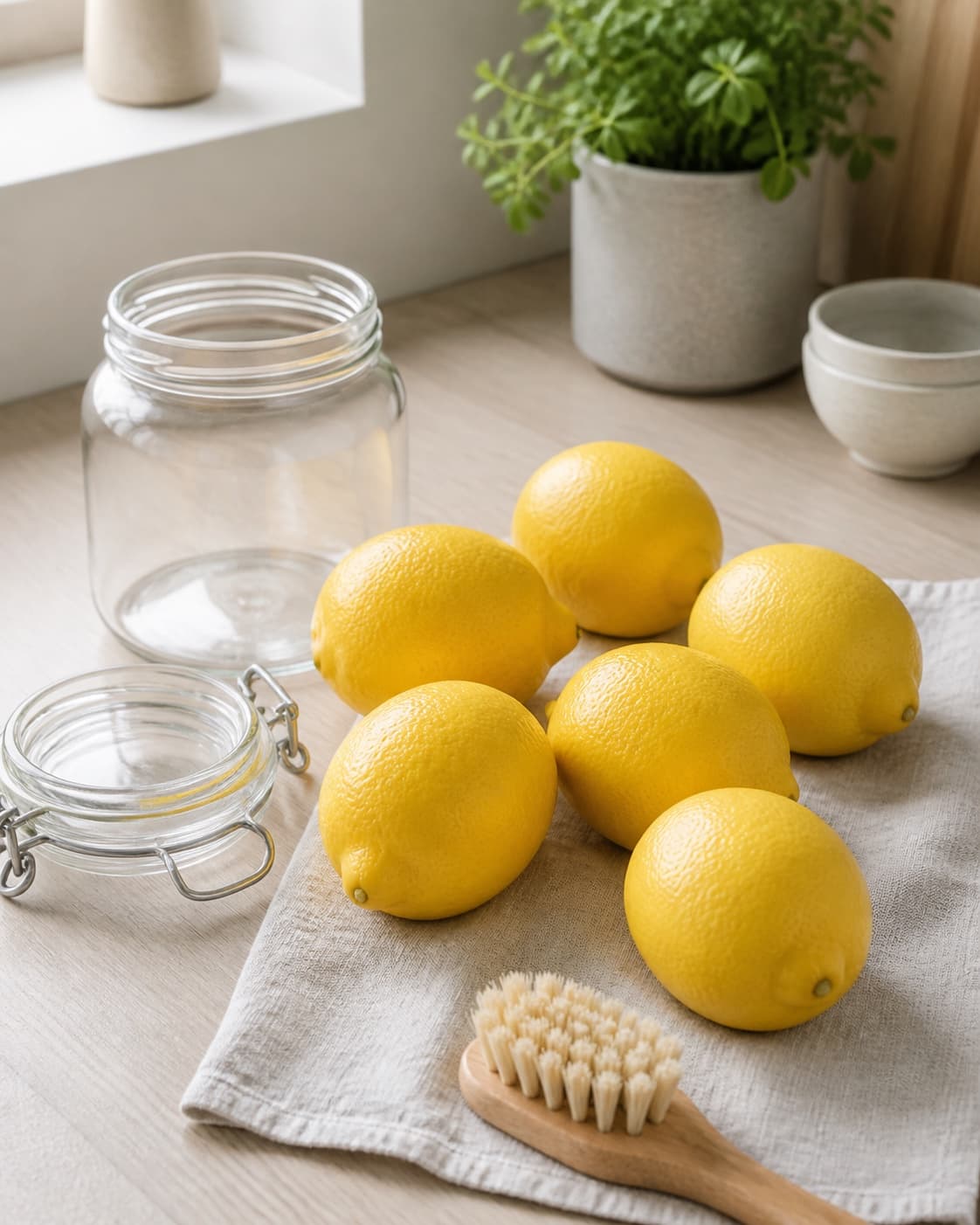 seks hele gule citroner inspiceres ved siden af ren grøntsagsbørste og et åbent helt rent udekoreret glas med separat låg; kontroltegnet er kun faste duftende citroner uden skader er tilbage, og glas og låg er varme, rene, hele og uden kondens